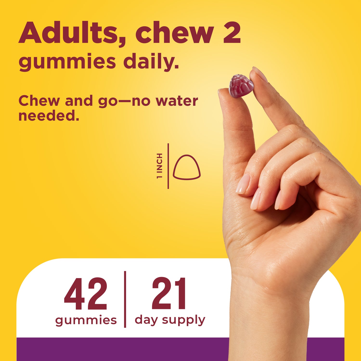Digestive Probiotics Extra Strength 8 Billion CFU per 2 Probiotic Gummies | Hand holding a Digestive Probiotics Extra Strength 8 Billion CFU per 2 Probiotic gummy with text about daily gummy consumption on a yellow background