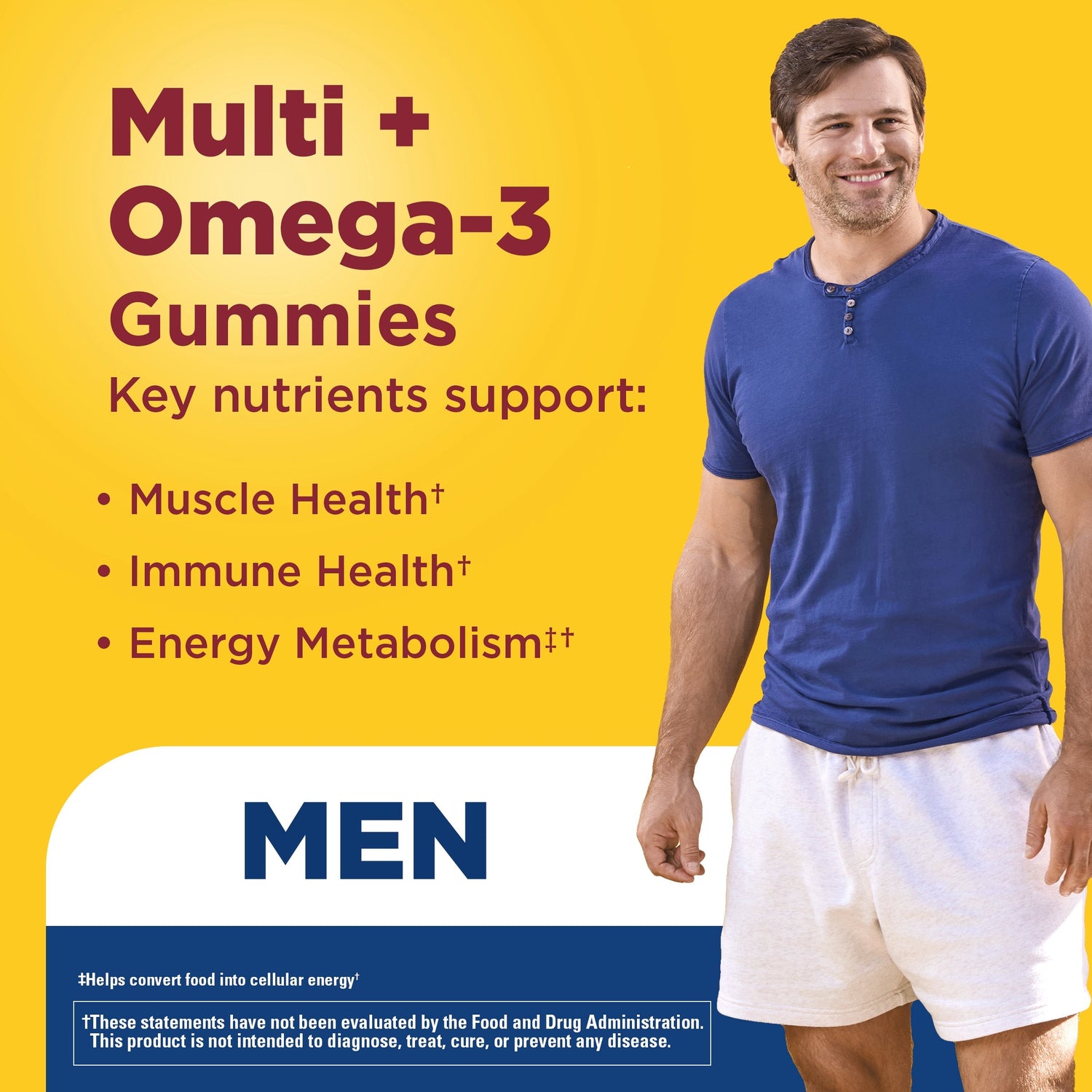 Men's Multi + Omega-3 Gummies | Man smiling with multivitamin gummies text highlighting muscle, immune, and energy metabolism support for Multi + Omega-3 Gummies against a yellow background