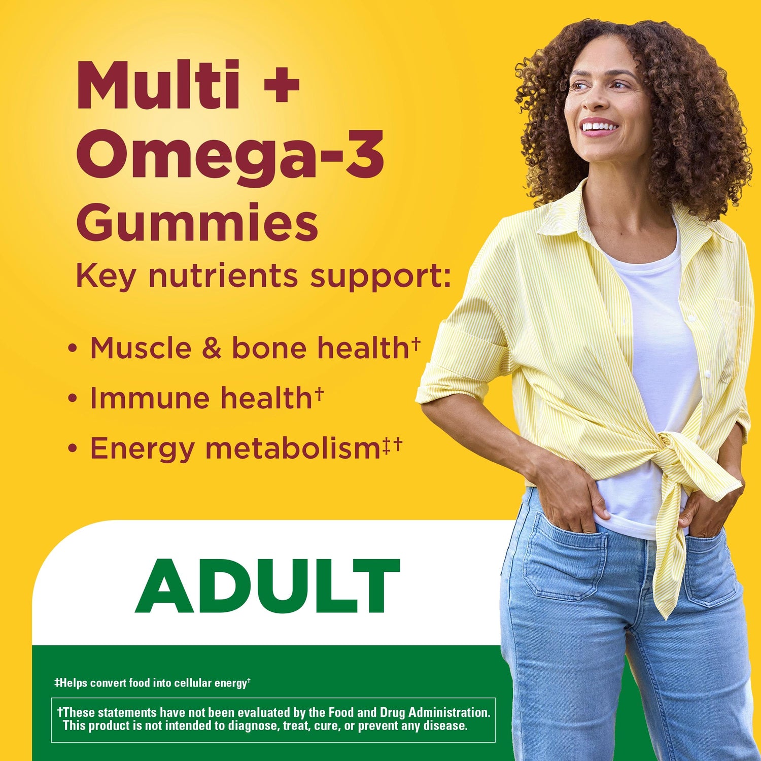Multivitamin + Omega-3 Gummies | Adult woman promoting Nature Made Multi + Omega-3 gummies for muscle, bone, immune health, and energy metabolism support