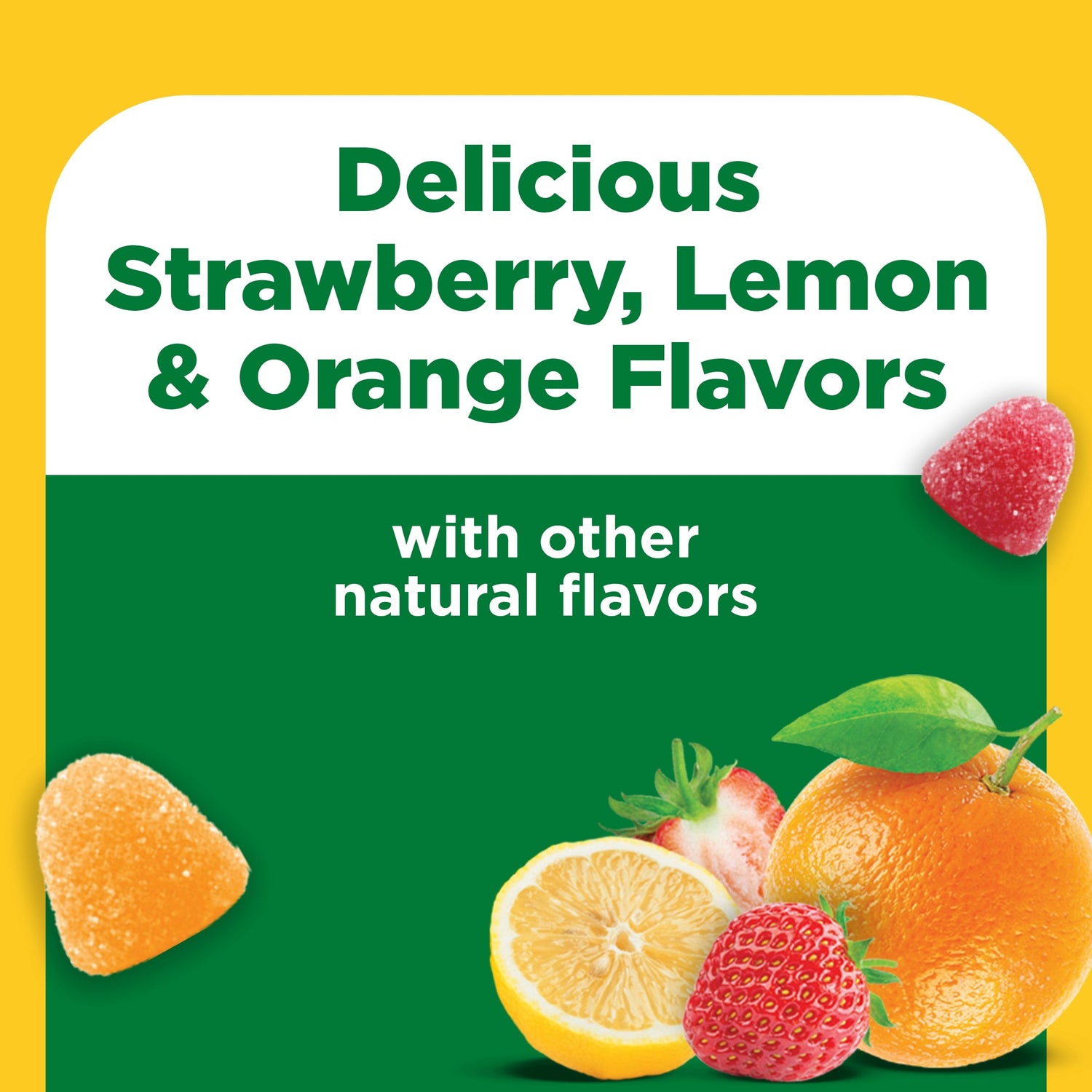 Multivitamin + Omega-3 Gummies | Nature Made Adult Multi + Omega-3 gummies in strawberry, lemon, and orange flavors with real fruit imagery
