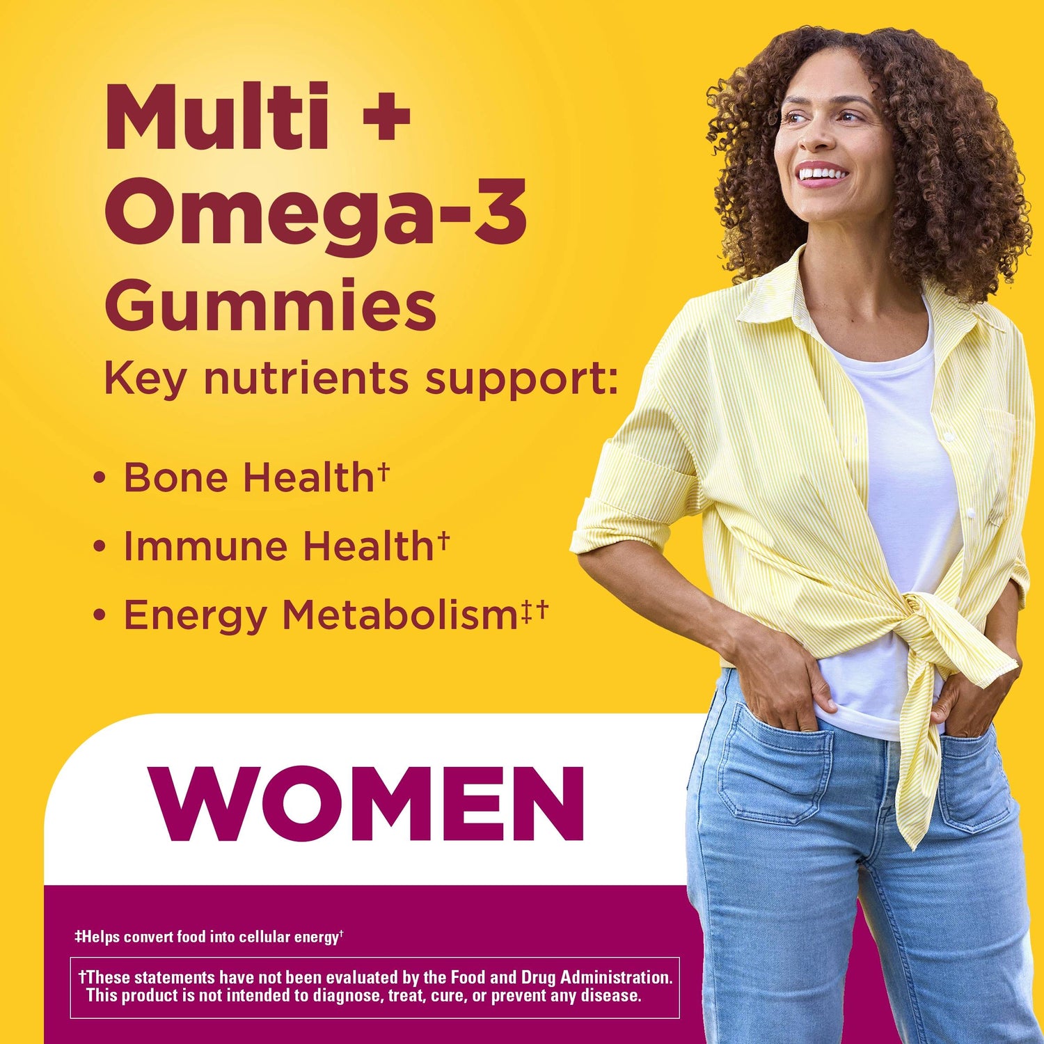 Women's Multivitamin + Omega-3 Gummies | Woman promoting Nature Made Women’s Multi + Omega-3 gummies for bone, immune health, and energy metabolism support