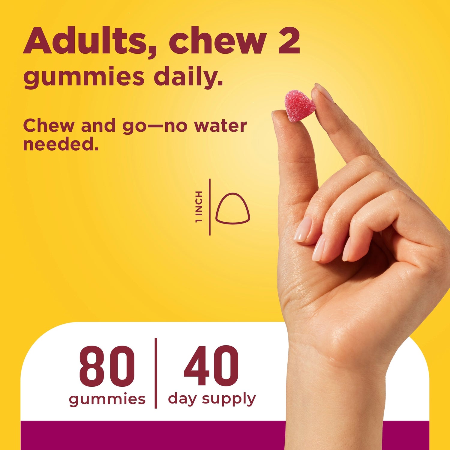 Women's Multivitamin + Omega-3 Gummies | Hand holding a strawberry-flavored Nature Made Women’s Multi + Omega-3 gummy showing 1-inch size and daily serving information
