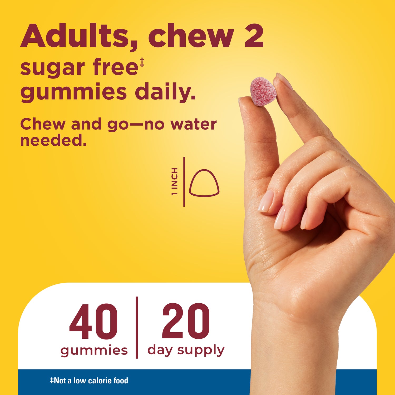 Zero Sugar‡ Magnesium Citrate Gummies 200 Mg Per Serving | Hand holding a gummy with dosage instructions showing adults chew two zero sugar magnesium citrate gummies daily, chew‑and‑go convenience.