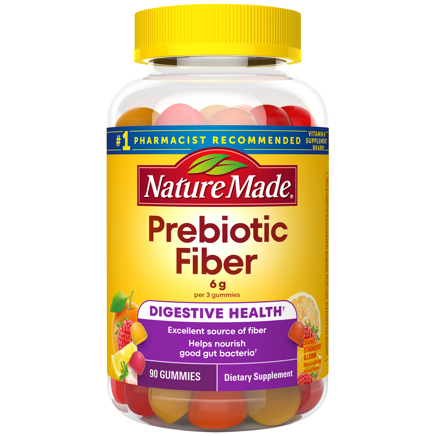 Prebiotic Fiber Gummies | Nature Made Prebiotic Fiber Gummies bottle, 6g fiber per 3 gummies for digestive health.