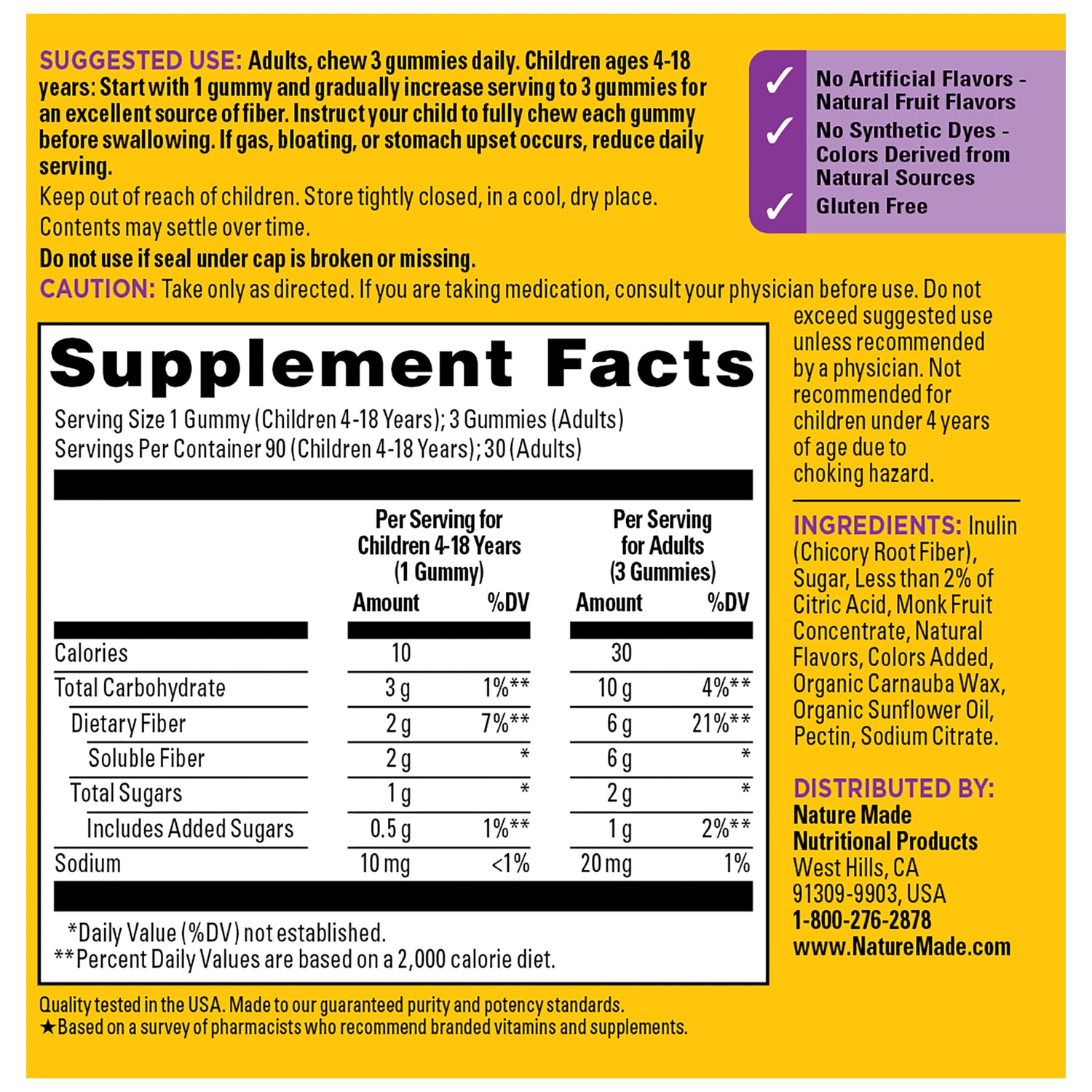 Prebiotic Fiber Gummies | Supplement Facts panel showing fiber content, ingredients, directions, and usage warnings.