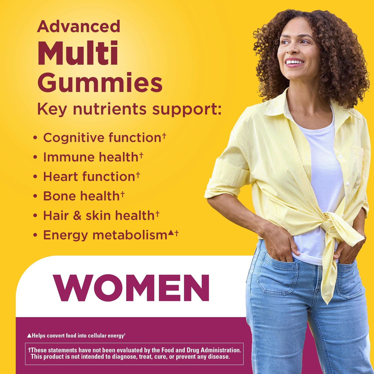 Women's Advanced Multivitamin Gummies | Woman promoting Nature Made Advanced Multi Women Gummies for cognitive, heart, immune, bone, hair, skin, and energy metabolism support