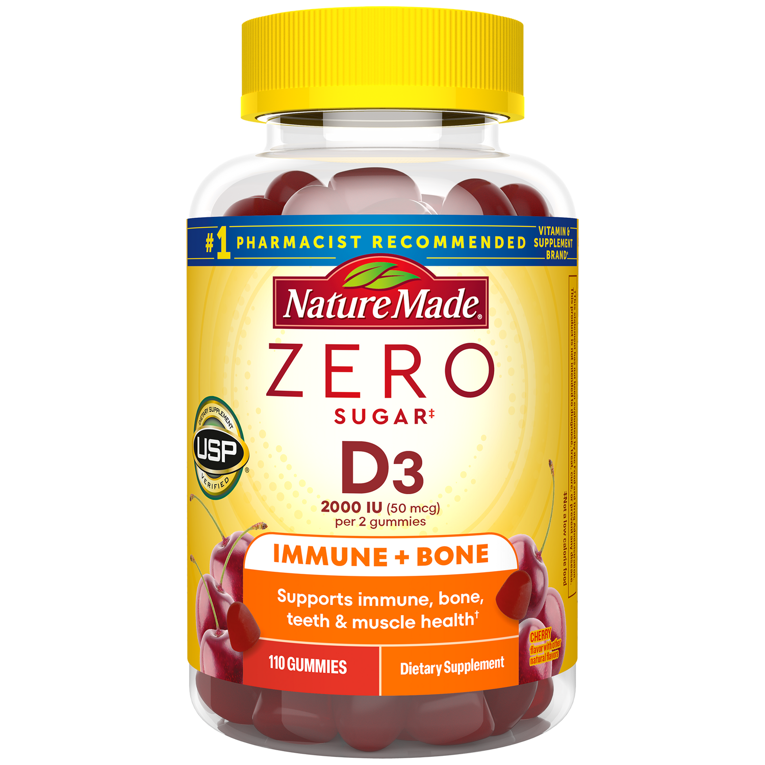 Zero Sugar Vitamin D3 Gummies | Nature Made Zero Sugar Vitamin D3 50 mcg (2000 IU) Gummies bottle with Immune + Bone label.