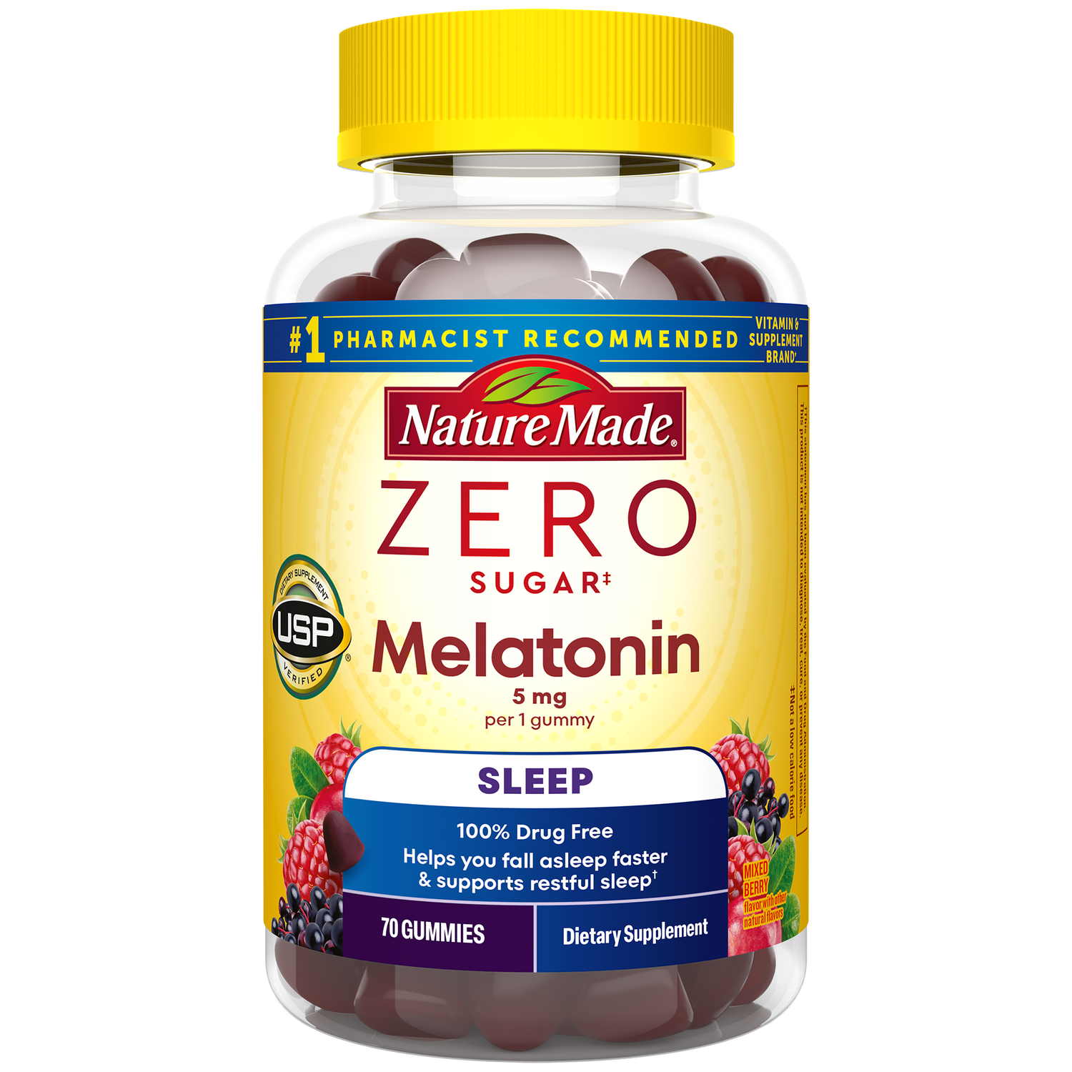 Zero Sugar‡ Melatonin Extra Strength 5 Mg Gummies | Nature Made zero sugar melatonin gummies bottle with 5 mg per gummy and 70 count