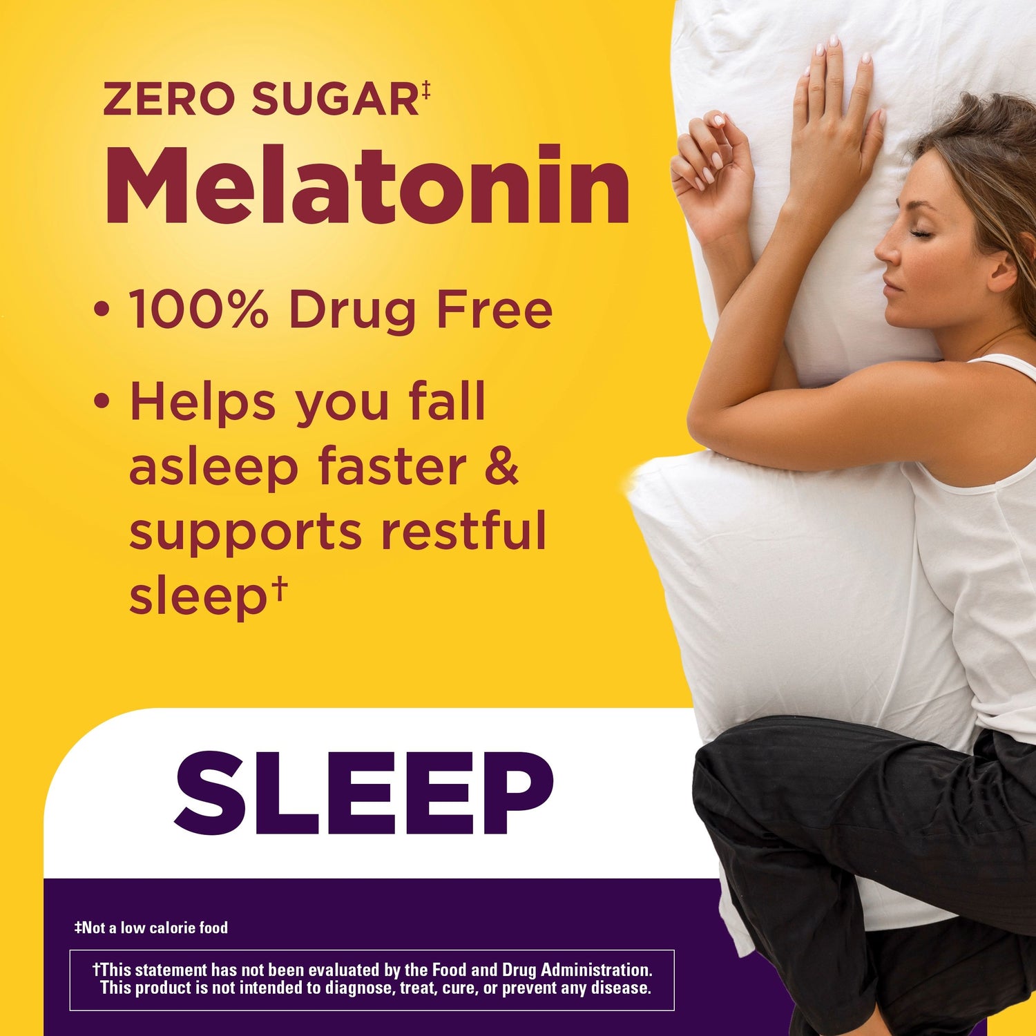 Zero Sugar‡ Melatonin Extra Strength 5 Mg Gummies | Woman sleeping with text for zero sugar melatonin gummies highlighting faster sleep and restful sleep support