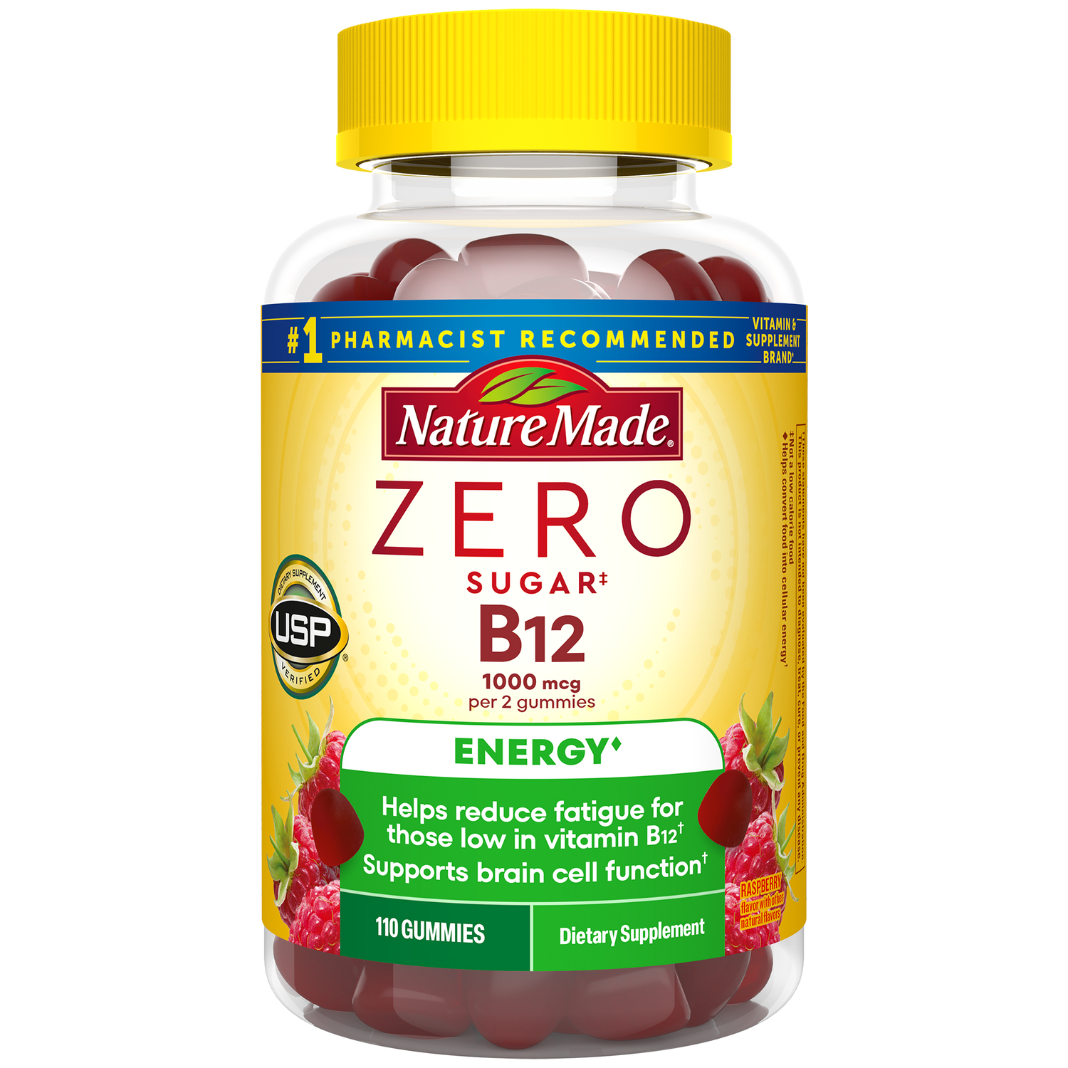 Zero Sugar‡ Energy◆ B12 Gummies 1000 Mcg Per Serving | nature Made Zero Sugar B12 Gummies raspberry flavored dietary supplement bottle
