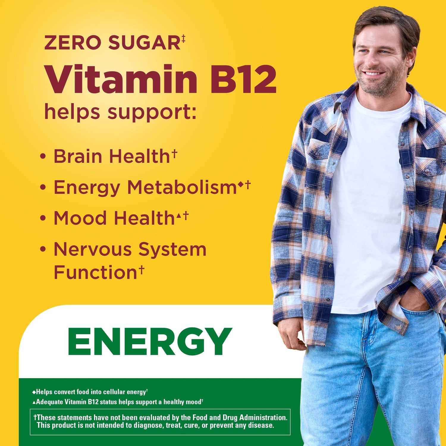Zero Sugar‡ Energy◆ B12 Gummies 1000 Mcg Per Serving | Nature Made Zero Sugar B12 Gummies supporting brain health, energy metabolism, mood health, and nervous system function