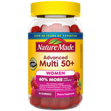 A bottle of Nature Made Advanced Multi 50+ Women dietary supplement gummies, featuring a yellow cap and a yellow label with red, pink, and white gummies visible inside.