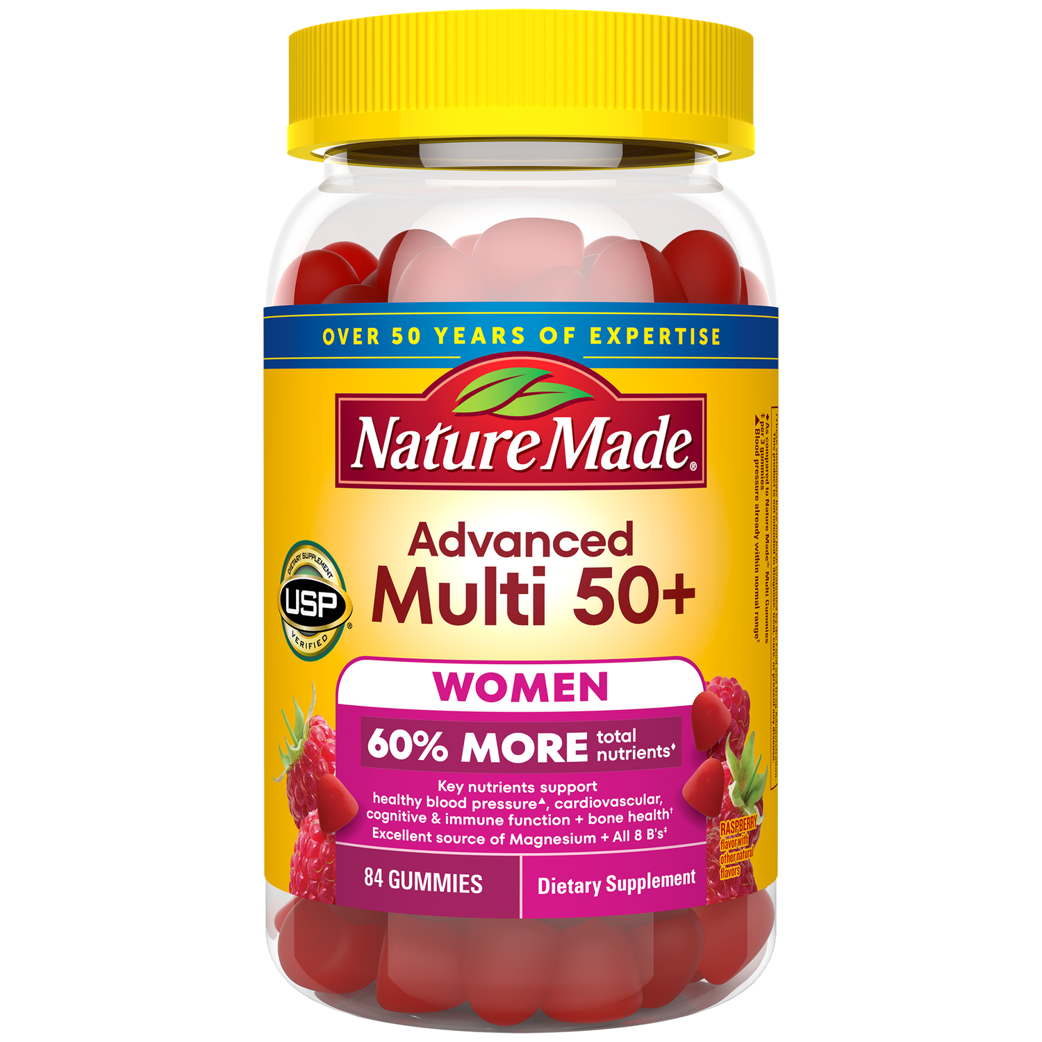 Women's Advanced Multivitamin Gummies 50+ | A bottle of Nature Made Advanced Multi 50+ Women dietary supplement gummies, featuring a yellow cap and a yellow label with red, pink, and white gummies visible inside.