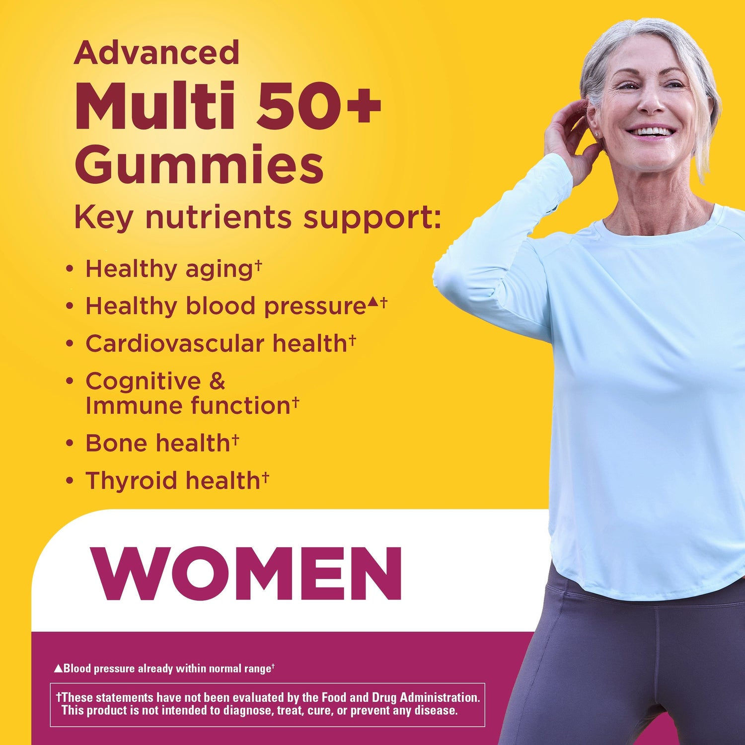 Women's Advanced Multivitamin Gummies 50+ | Advanced Multi 50+ Gummies, specifically labeled 'WOMEN'. The design features a bright yellow background with dark red text listing key nutrients for healthy aging, blood pressure, cardiovascular health, cognitive and immune function, bone health, and thyroid health.