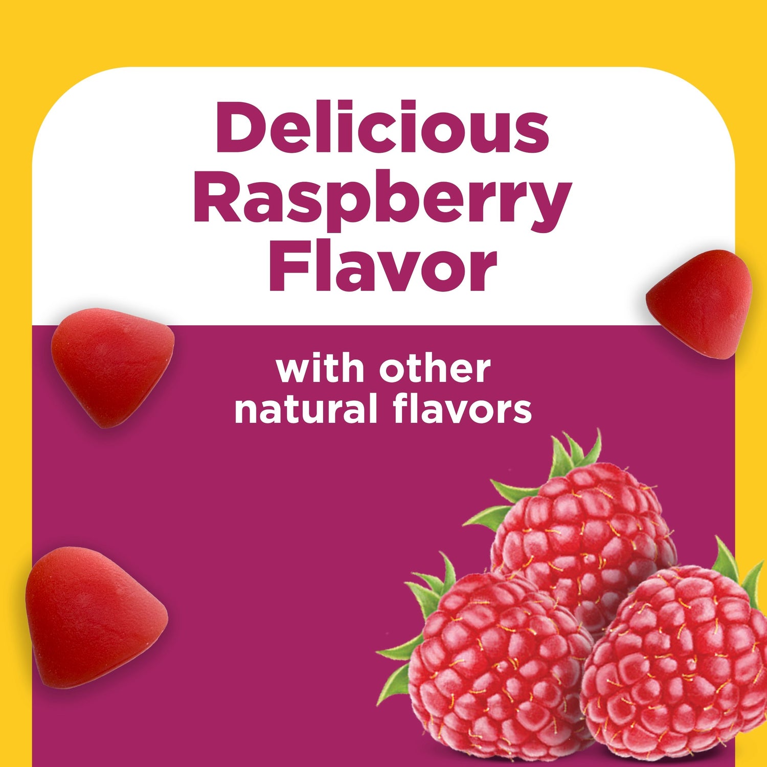 Women's Advanced Multivitamin Gummies 50+ | Nature Made Advanced Multi Women Gummies 50+ 'Delicious Raspberry Flavor,' and a magenta lower section with white text reading 'with other natural flavors.