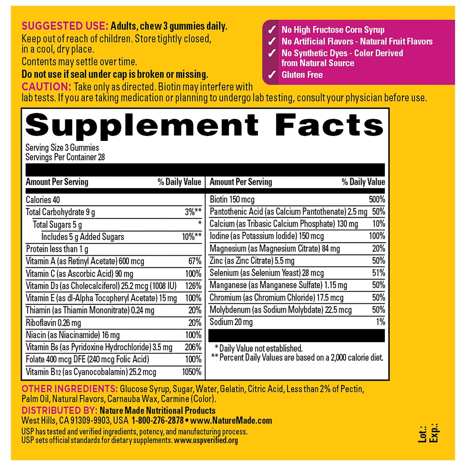 Women's Advanced Multivitamin Gummies 50+ | Nature Made Advanced Multi Women Gummies 50+ supplement facts panel and ingredient information