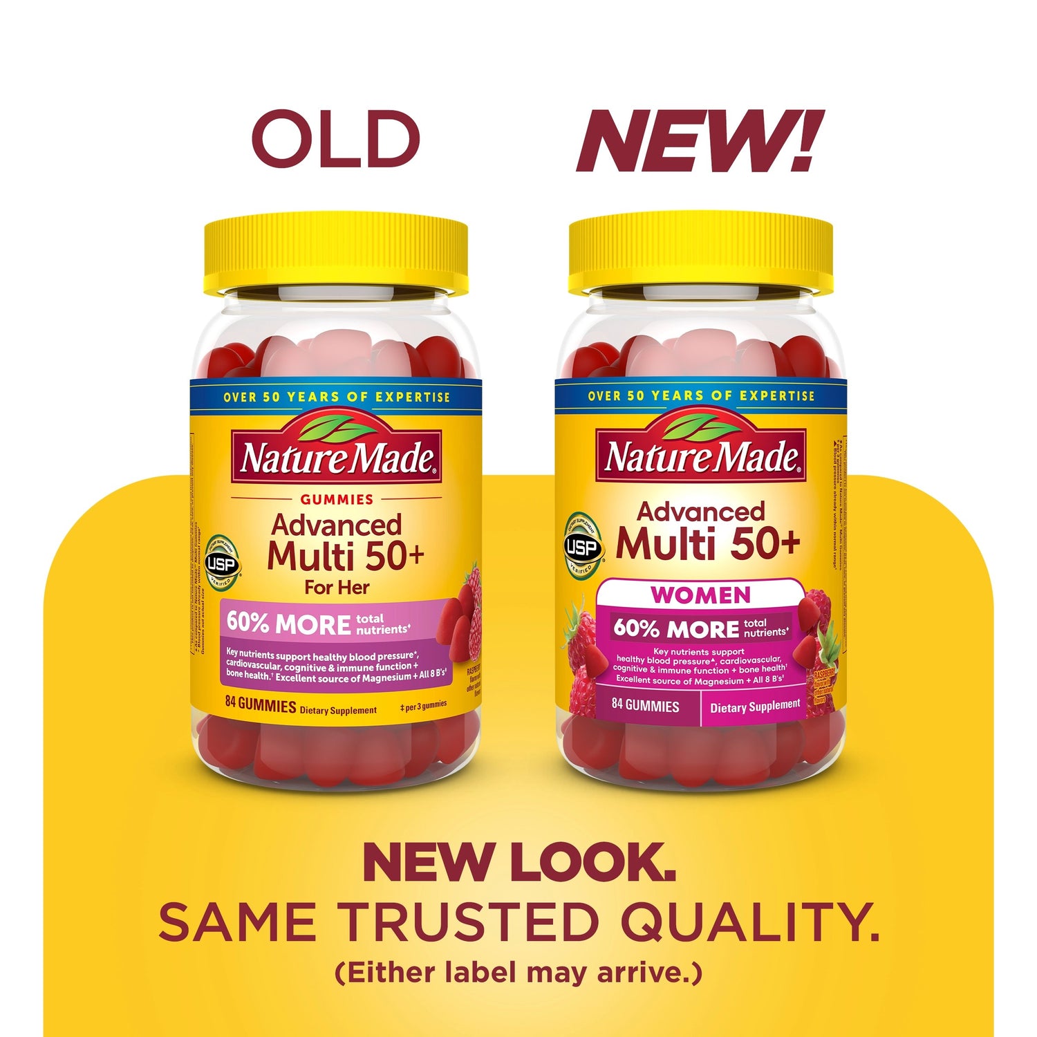 Women's Advanced Multivitamin Gummies 50+ | Nature Made Advanced Multi Women Gummies 50+ old and new packaging comparison with same trusted quality