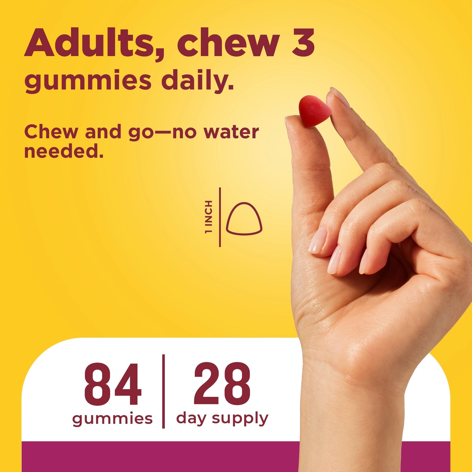Women's Advanced Multivitamin Gummies 50+ | Hand holding a tropical fruit flavored Nature Made Advanced Multi Women gummy 50+ showing 1-inch size and daily serving information