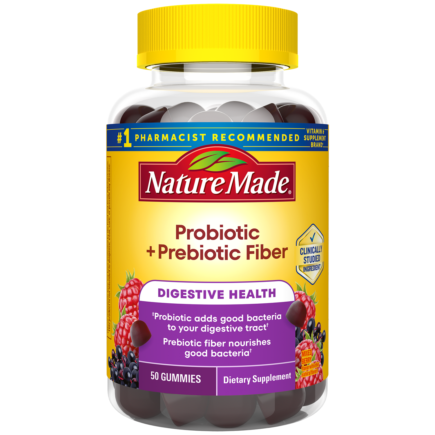 Probiotic + Prebiotic Fiber Gummies | Nature Made Probiotic + Prebiotic Fiber gummies bottle for digestive health and gut support.