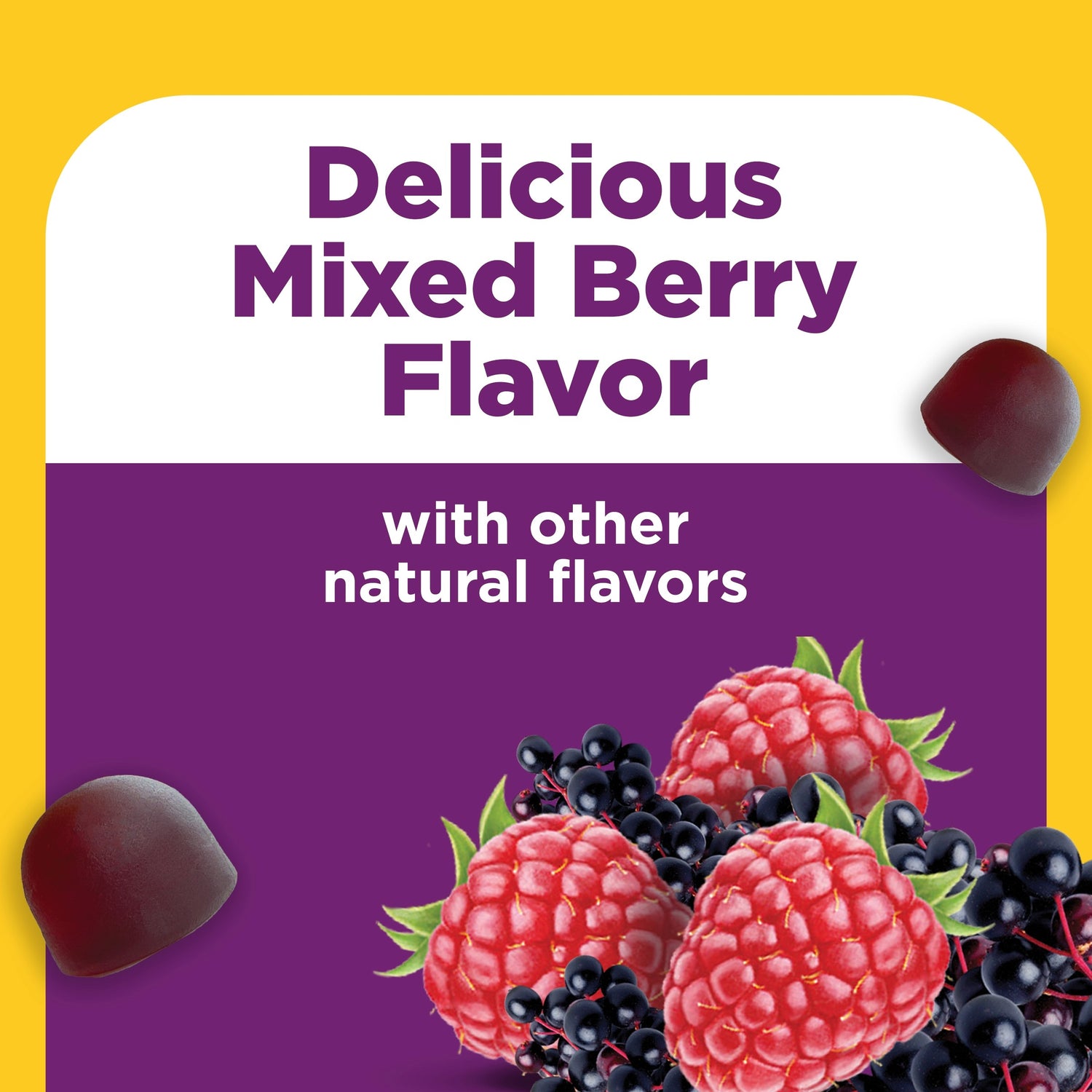 Probiotic + Prebiotic Fiber Gummies | Mixed berry flavored probiotic gummies with real fruit imagery and natural flavors on a yellow and purple background