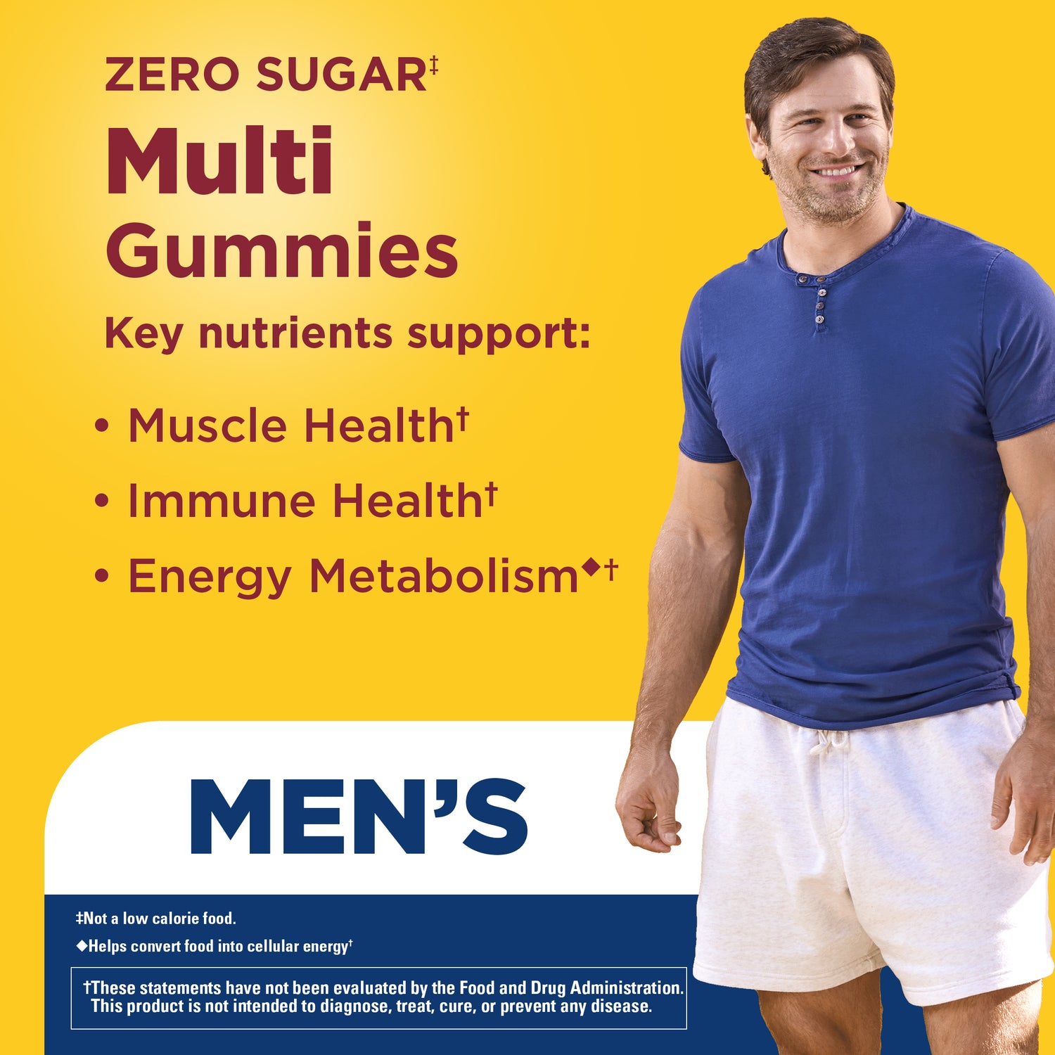 Zero Sugar‡ Men's Multivitamin Gummies | Men’s zero sugar multivitamin gummies supporting muscle health, immune health, and energy metabolism with a man in athletic wear on a yellow background