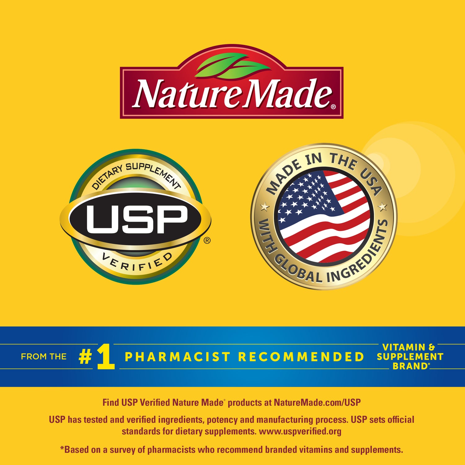 Zero Sugar‡ Men's Multivitamin Gummies | Nature Made credentials featuring USP Verified quality, Made in the USA with global ingredients, and #1 pharmacist recommended vitamin brand.
