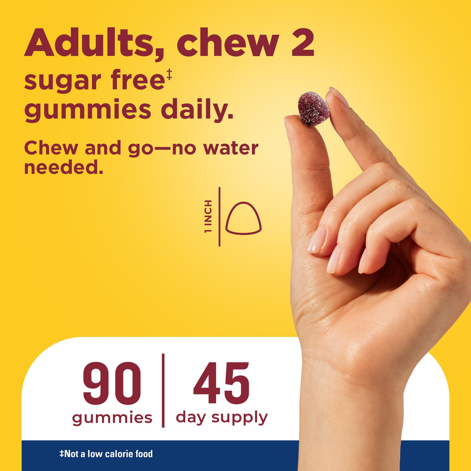 Zero Sugar‡ Men's Multivitamin Gummies | Adults chew two zero sugar men’s multivitamin gummies daily, chew‑and‑go convenience with 90 gummies for a 45‑day supply with a hand holding a gummy.