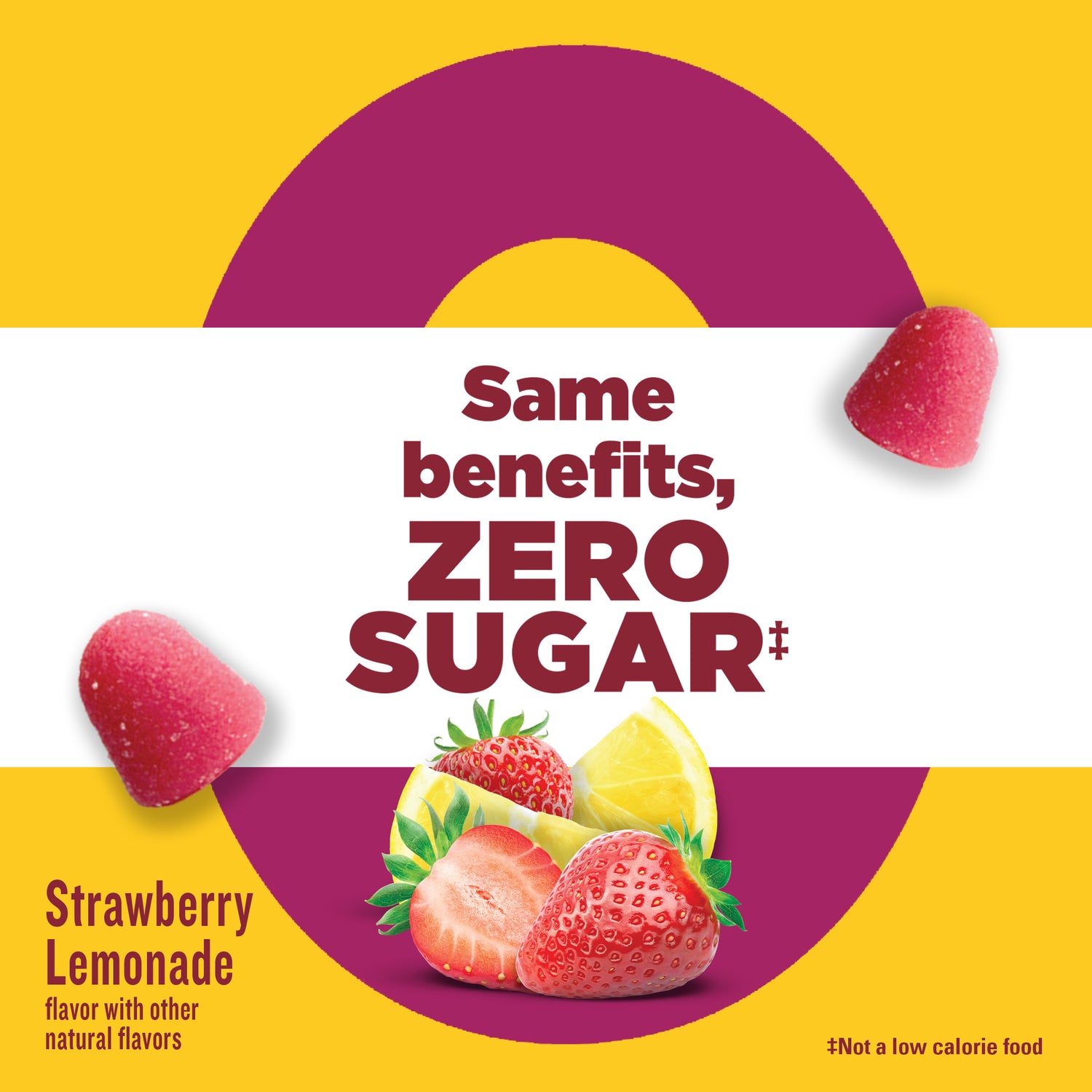 Zero Sugar‡ Women's Multivitamin Gummies | Strawberry lemonade flavor packaging with text that reads same benefits, zero sugar along with strawberries and lemons on a yellow and purple background.