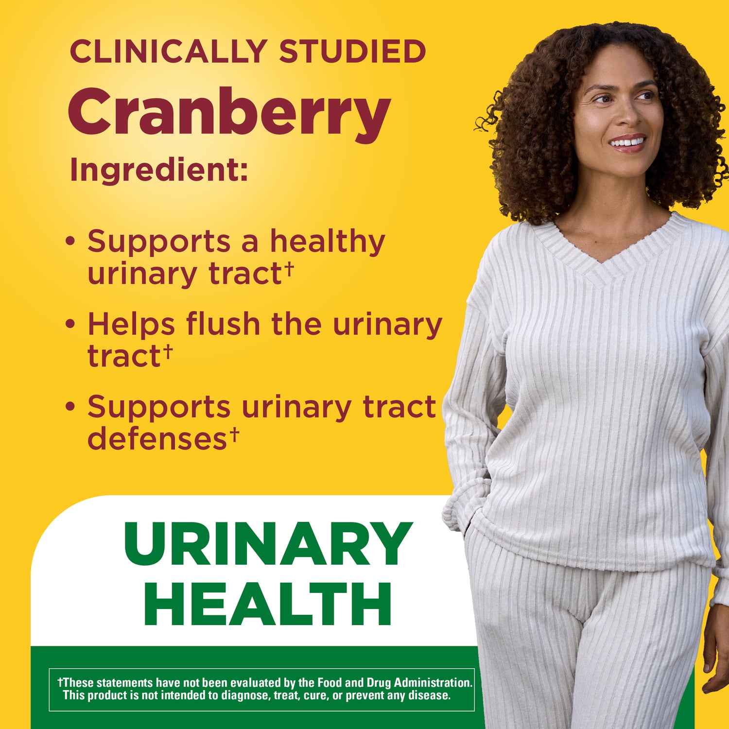 Cranberry 500 mg Per Serving + Vitamin C Gummies | Woman and text about clinically studied cranberry gummies supporting urinary tract health and urinary tract defenses on a yellow background