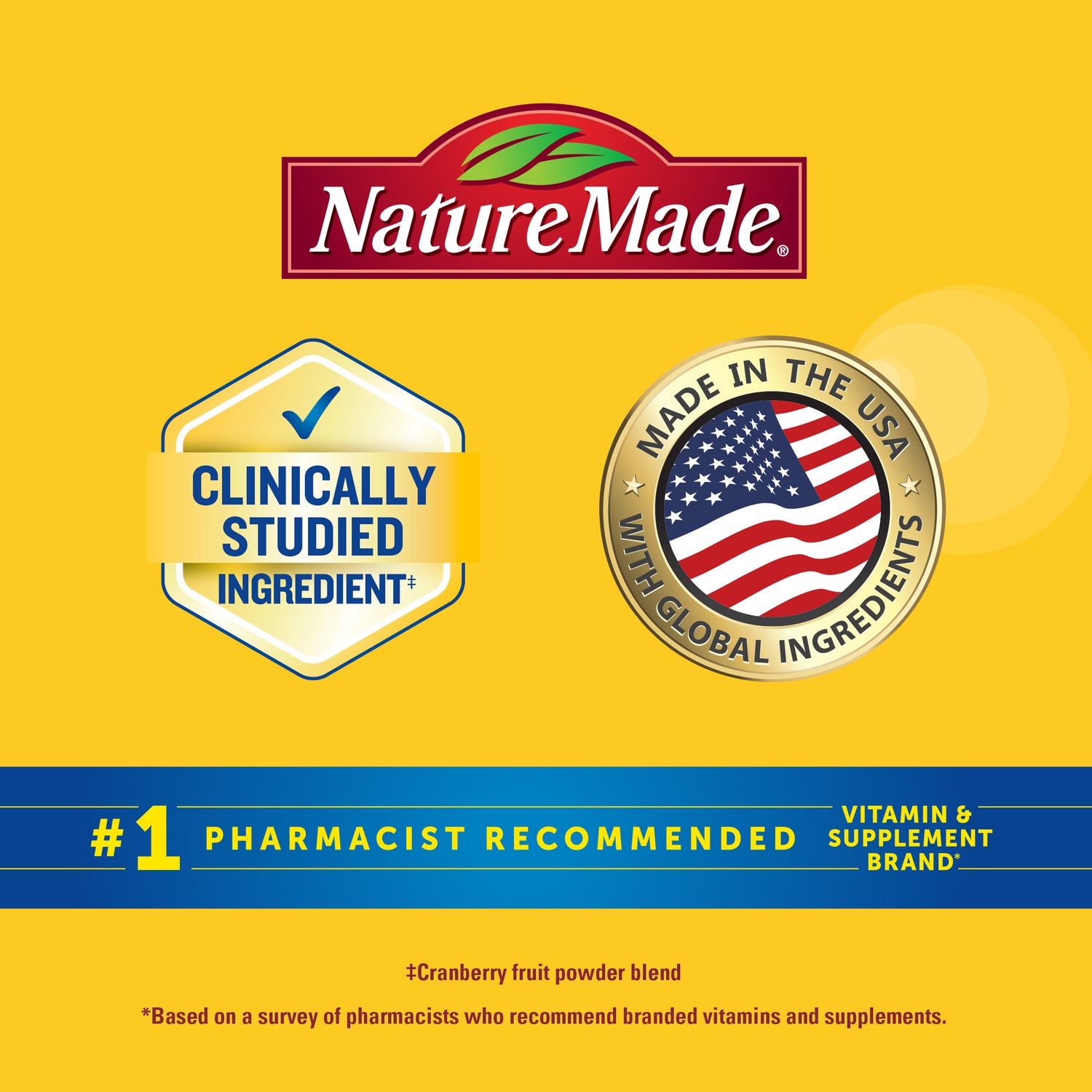 Cranberry 500 mg Per Serving + Vitamin C Gummies | Nature Made supplement packaging with clinically studied ingredient and made in USA badges on a yellow background