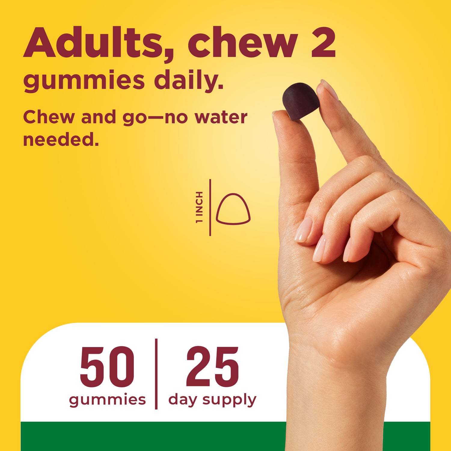 Cranberry 500 mg Per Serving + Vitamin C Gummies | Hand holding a gummy supplement with dosage instructions showing adults chew two gummies daily, chew‑and‑go use, and 50‑gummy 25‑day supply on a yellow background