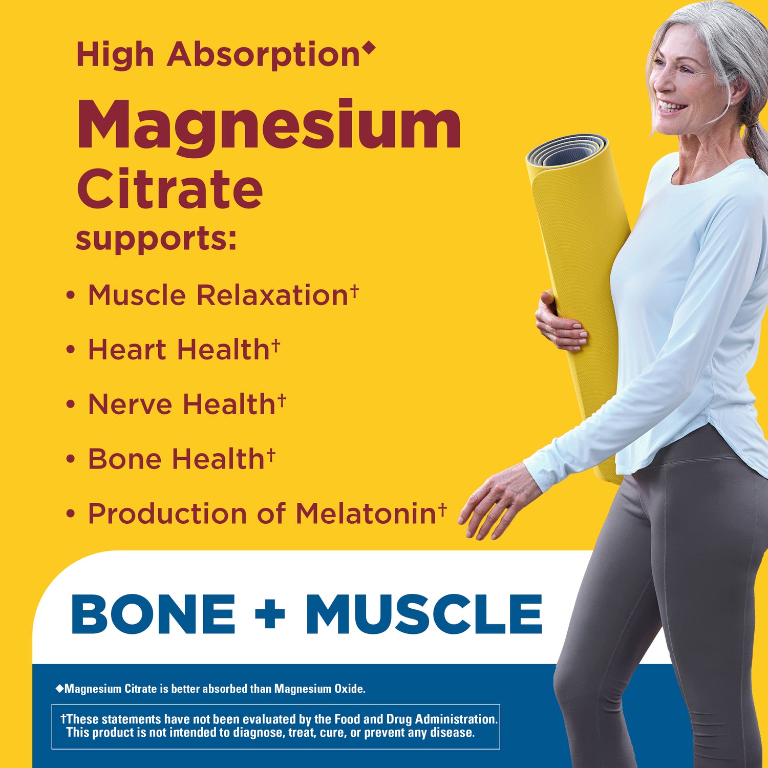 Magnesium Citrate Tablets Extra Strength Dosage High Absorption♦ 400 mg Per 2 Tablets | Woman holding a yoga mat with text promoting high absorption magnesium citrate benefits graphic supporting muscle relaxation, heart, nerve, and bone health on a yellow background.