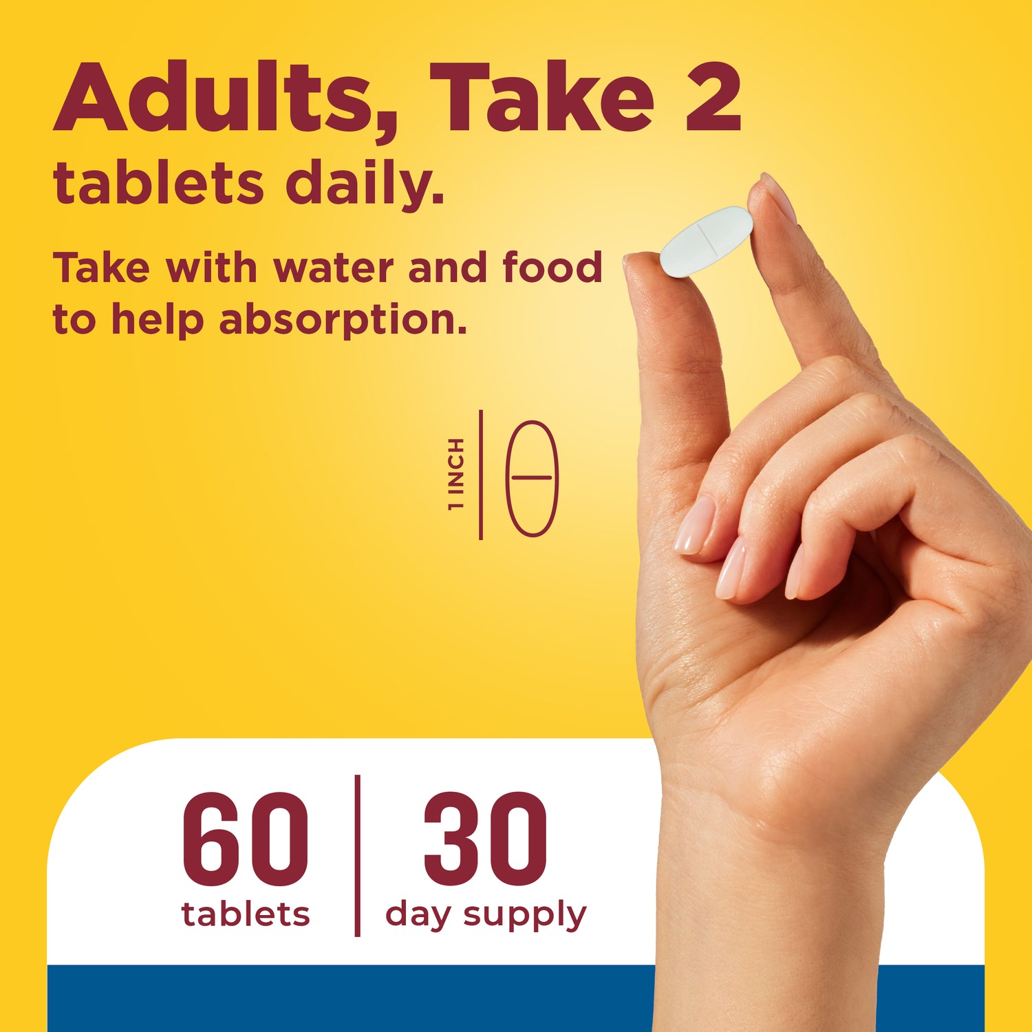 Magnesium Citrate Tablets Extra Strength Dosage High Absorption♦ 400 mg Per 2 Tablets | Hand holding a tablet with dosage instructions showing adults take two magnesium citrate tablets daily with water and food, 60 tablets 30‑day supply.