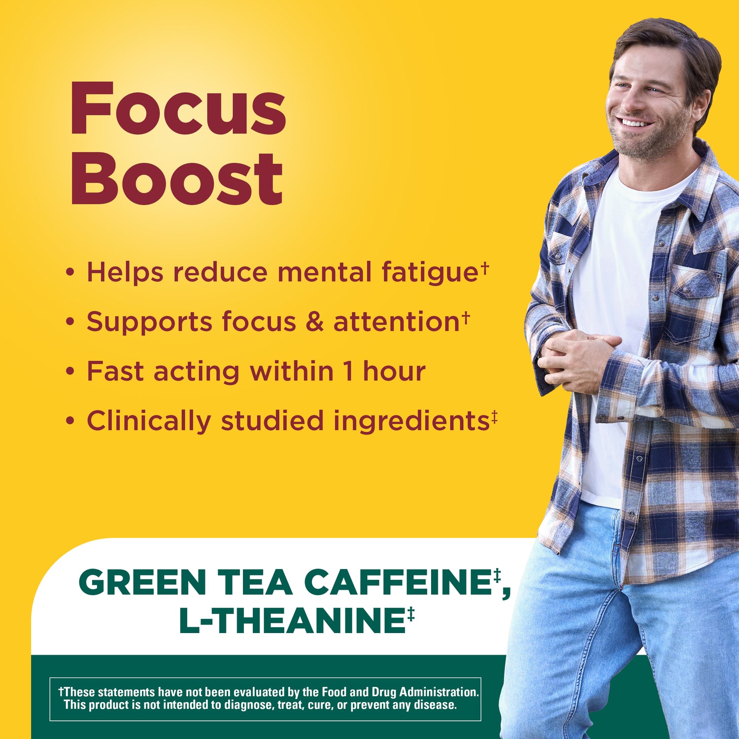 Focus Boost Capsules | Man standing against a yellow background with Focus Boost supplement benefits graphic highlighting reduced mental fatigue, improved focus and attention, and fast‑acting support.