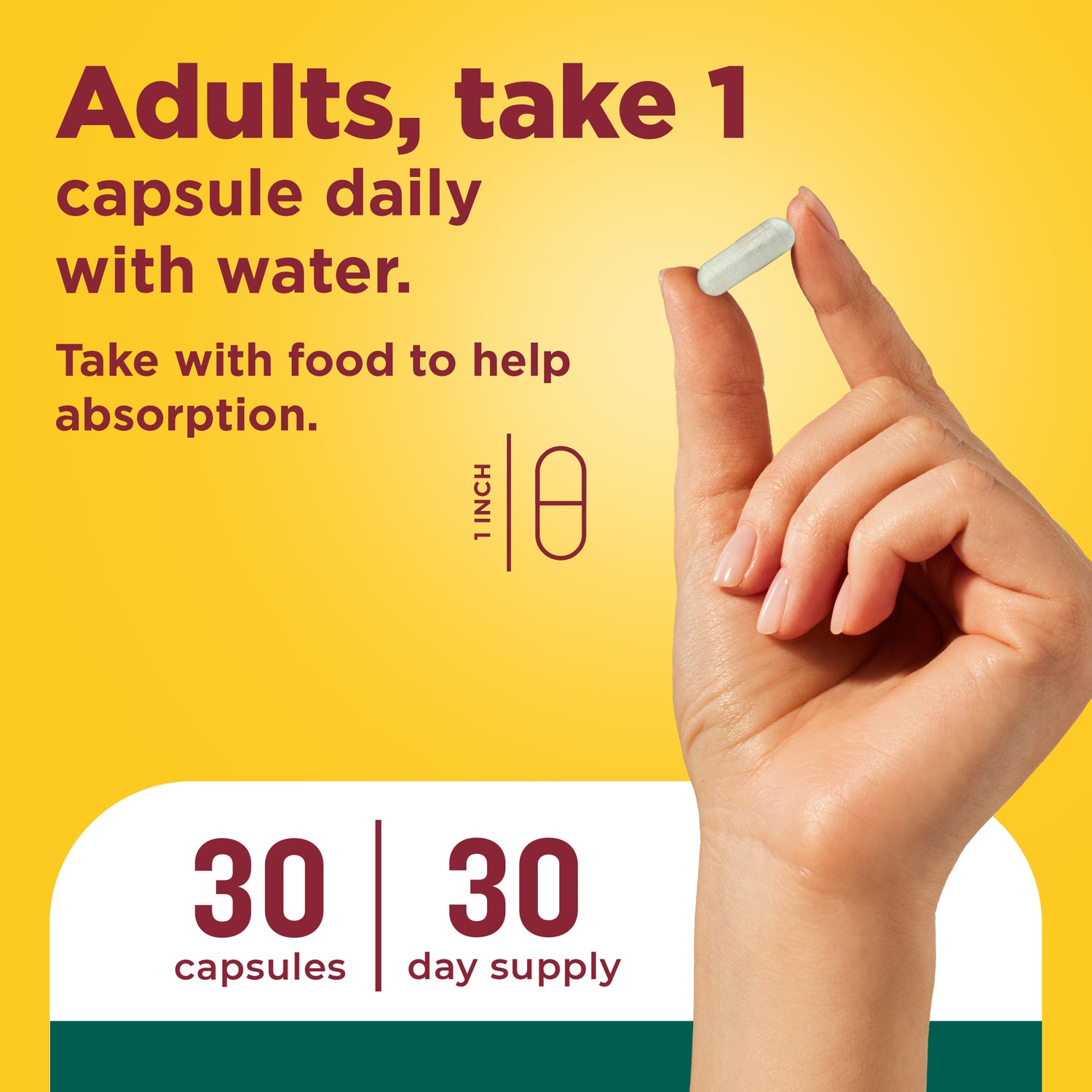 Focus Boost Capsules | Dosage instructions showing adults take one Focus Boost capsule daily with water, 30 capsules 30‑day supply.