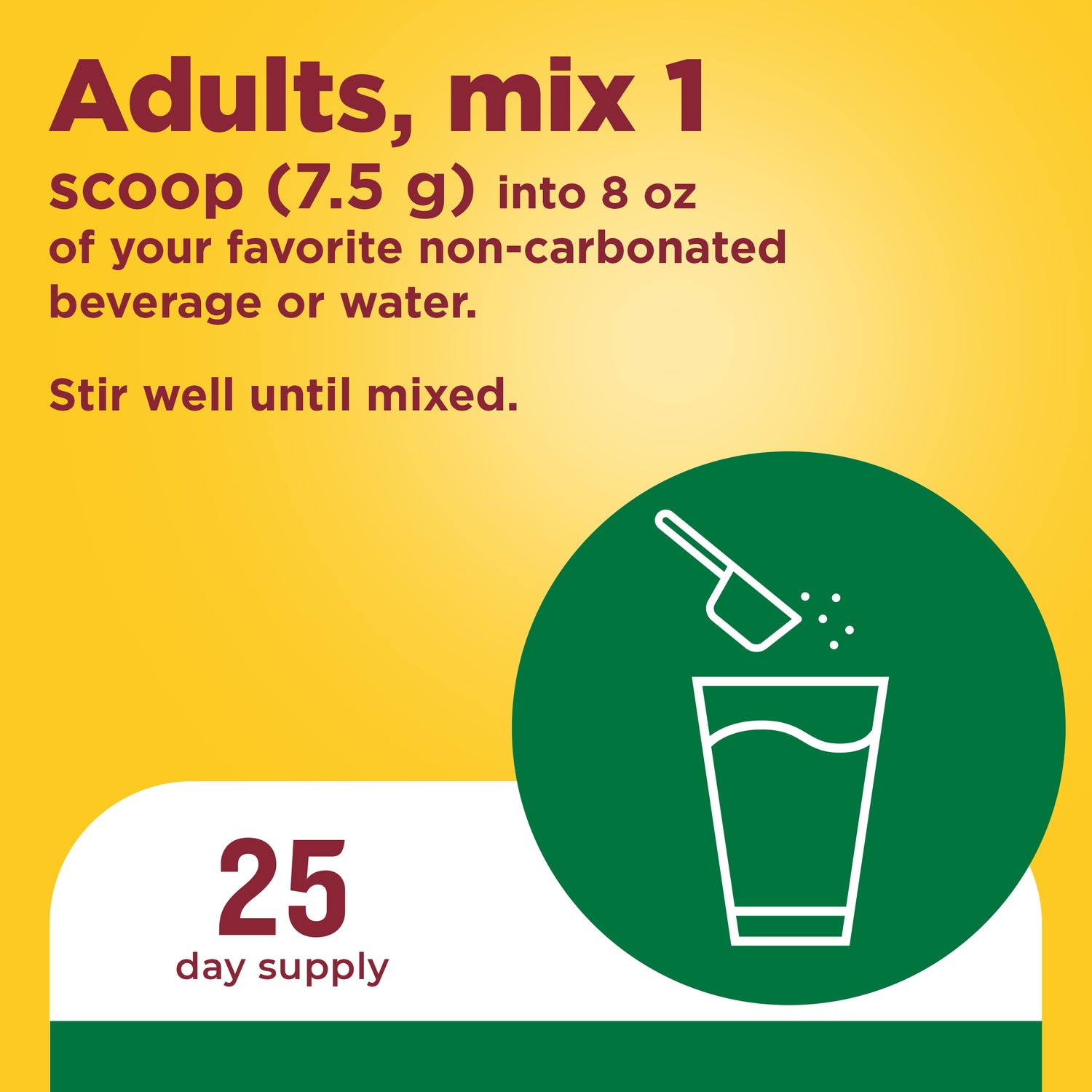 SuperGreens with Prebiotic Fiber Powder Drink Mix | Dosage instructions showing adults mix one scoop (7.5 g) of Super Greens powder into water or beverage, 25‑day supply.
