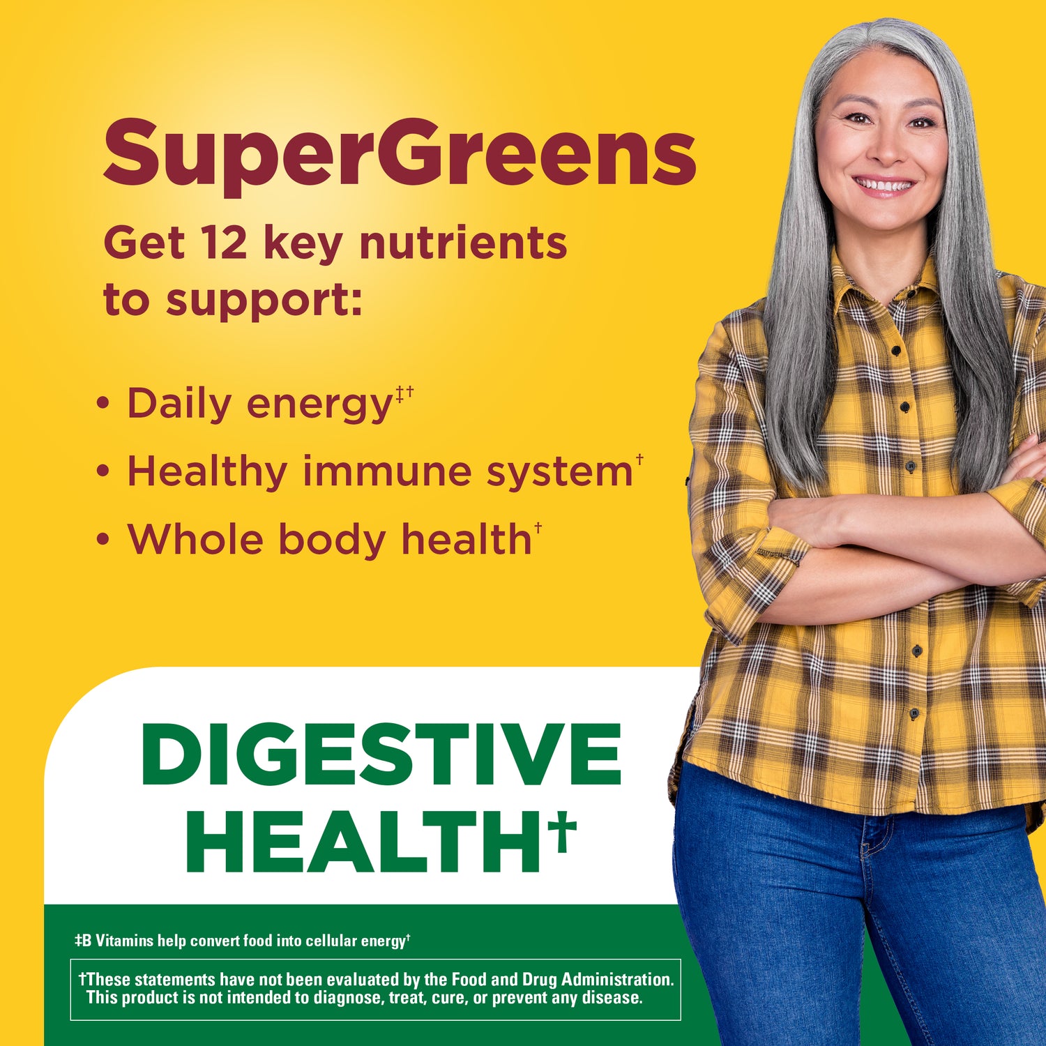 SuperGreens with 2 Billion CFU◆ Probiotics Capsules | Person with SuperGreens capsule benefits text highlighting digestive health support, 12 key nutrients to support daily energy, healthy immune system and whole body health.