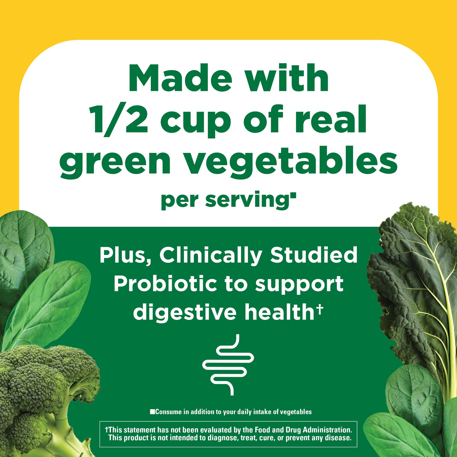 SuperGreens with 2 Billion CFU◆ Probiotics Capsules | Product label with green vegetables and text about SuperGreens capsule benefits highlighting digestive health support and clinically studied probiotic.