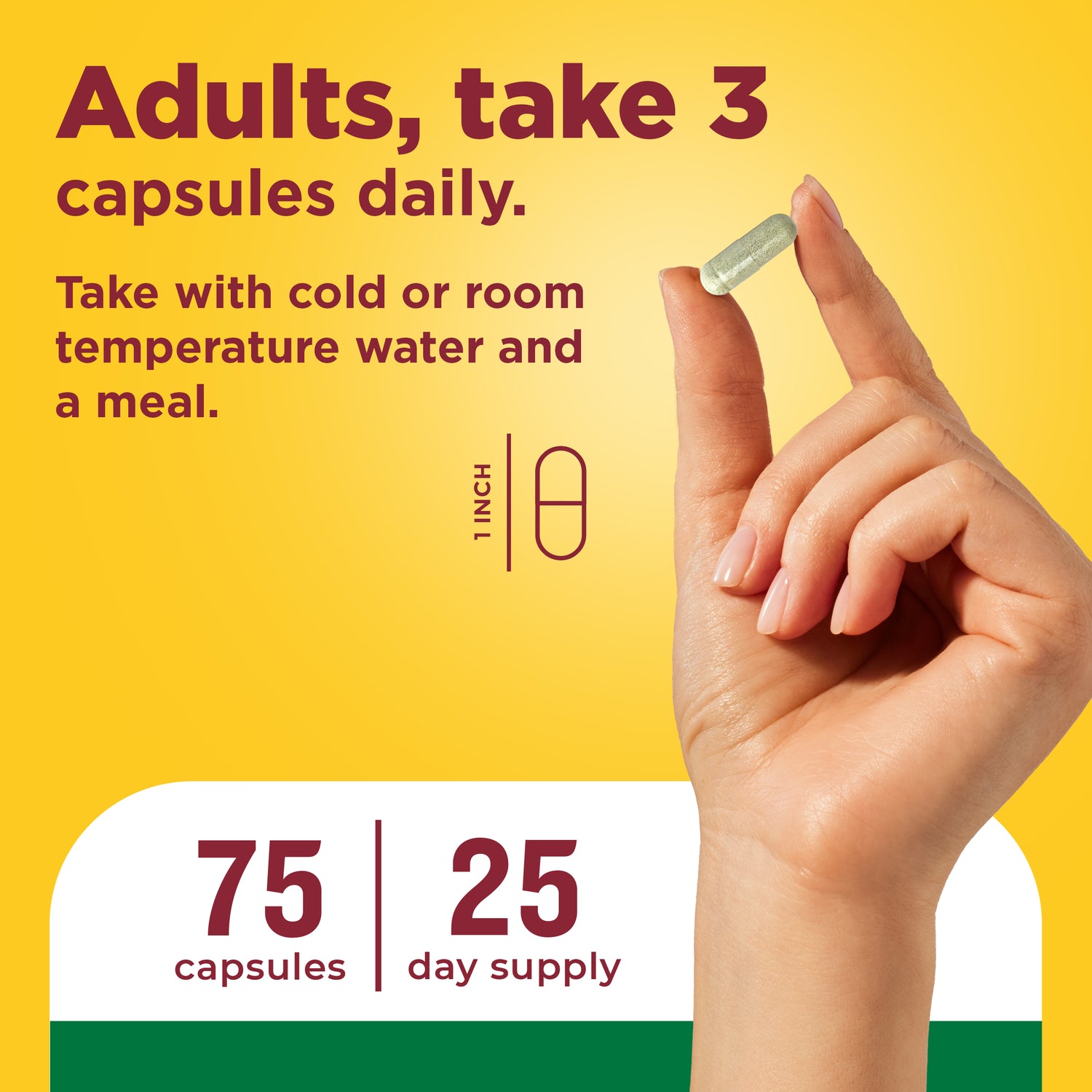 SuperGreens with 2 Billion CFU◆ Probiotics Capsules | Hand holding a capsule with dosage instructions showing adults take three Super Greens capsules daily with water and a meal, 75 capsules 25‑day supply.