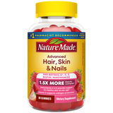 Front bottle of Nature Made Advanced Hair, Skin & Nails Gummies dietary supplement with strawberry flavor gummies. Product label highlights Pro-Retinol A, vitamins C and E, biotin, niacinamide, and 1.5X more beauty nutrients to support healthy hair, skin, and nails. Bottle contains 80 gummies.