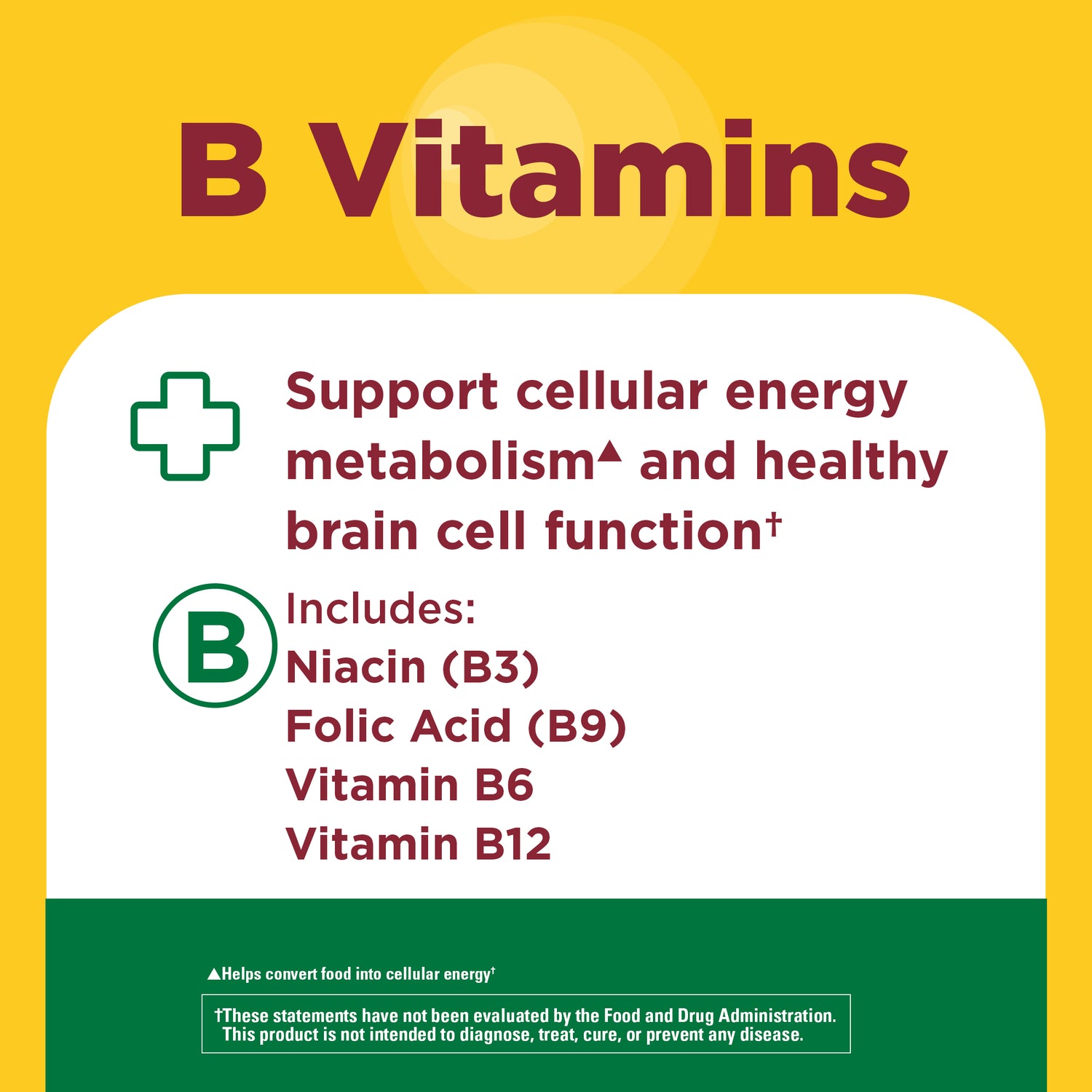 Zero Sugar‡ EnergyWell Drink Mix | B vitamins benefits graphic supporting cellular energy metabolism and healthy brain cell function.