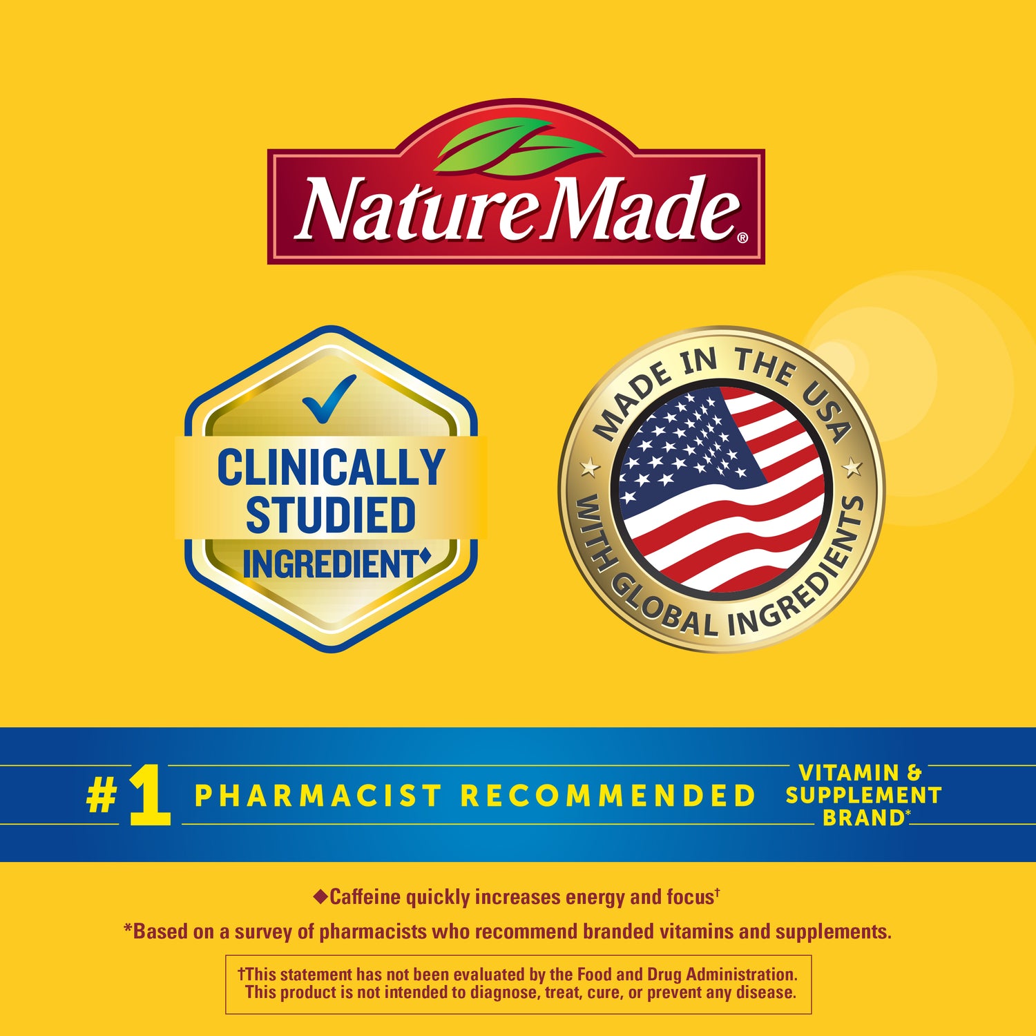 Zero Sugar‡ EnergyWell Drink Mix | Nature Made EnergyWell credentials highlighting clinically studied ingredients, Made in the USA with global ingredients, and #1 pharmacist recommended brand.