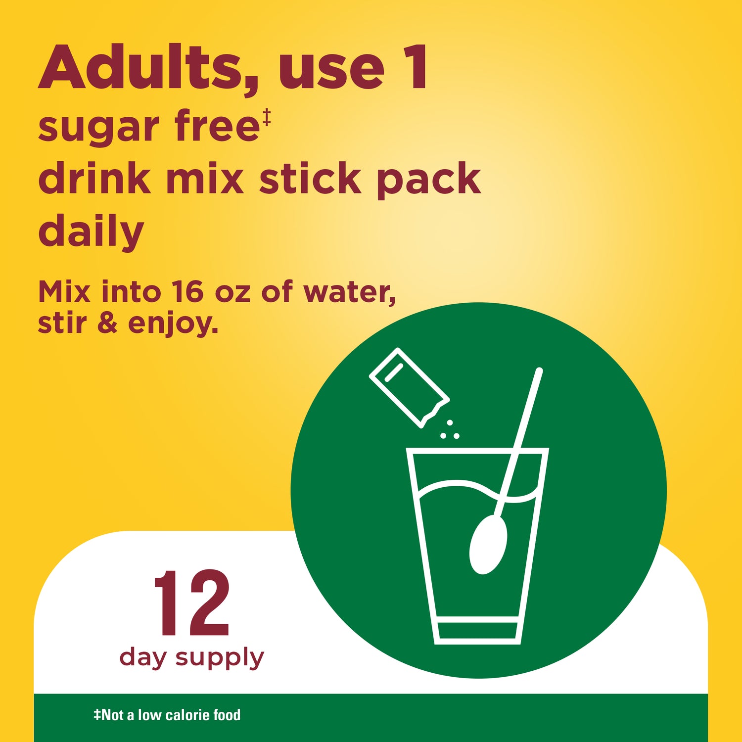Zero Sugar‡ EnergyWell Drink Mix | Instructional graphic for using a sugar-free drink mix stick pack with text and icon on a yellow background.