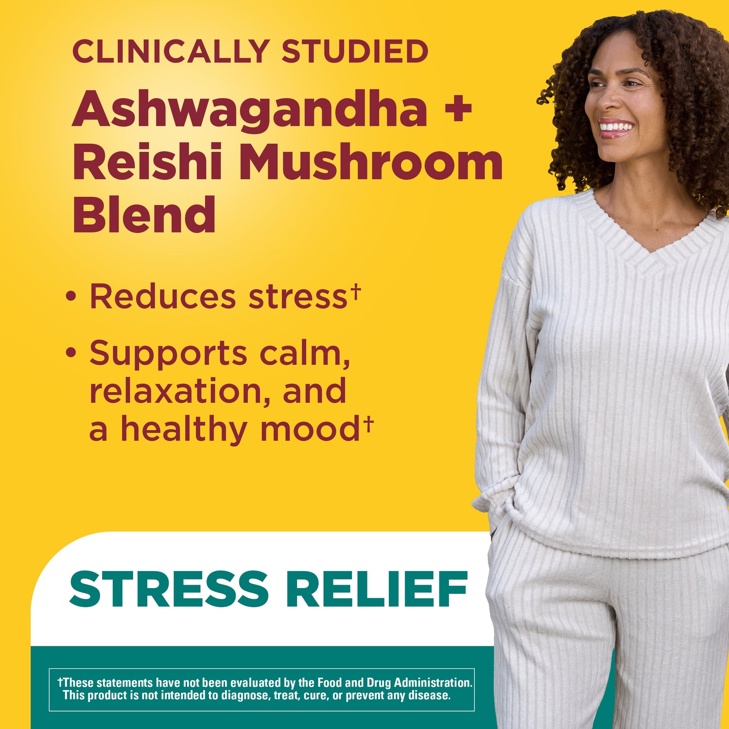 Ashwagandha + Reishi Mushroom Capsules | Woman standing next to text about Ashwagandha and Reishi Mushroom Blend for stress relief on a yellow  background.