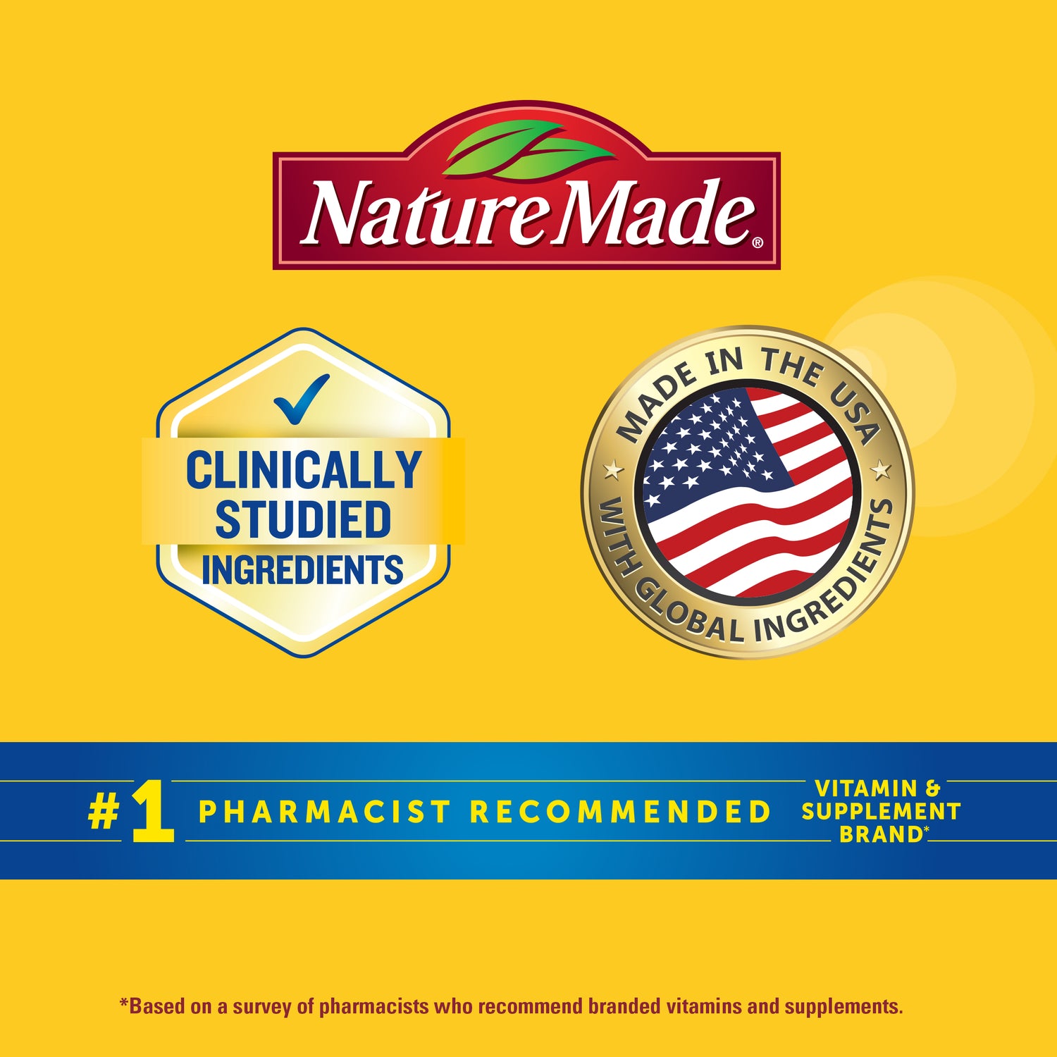 Ashwagandha + Reishi Mushroom Capsules | Nature Made logo with clinically studied ingredients badge, made in USA seal, and #1 pharmacist recommended brand claim.