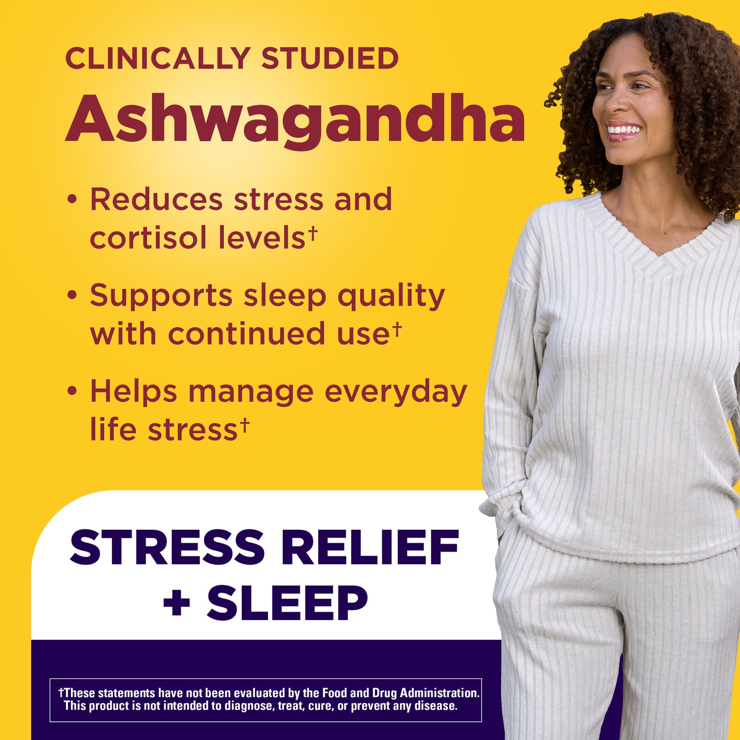 Magnesium 300 mg + Ashwagandha 125 mg Capsules | Woman in a white outfit standing next to clinically studied ashwagandha benefits graphic supporting stress relief, lower cortisol levels, and improved sleep quality on a yellow background.