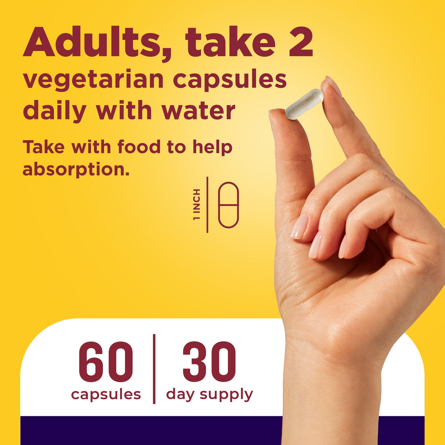 Magnesium 300 mg + Ashwagandha 125 mg Capsules | Hand holding a vegetarian capsule with dosage instructions showing adults take two vegetarian capsules daily with water, 60 capsules 30‑day supply, on a yellow background