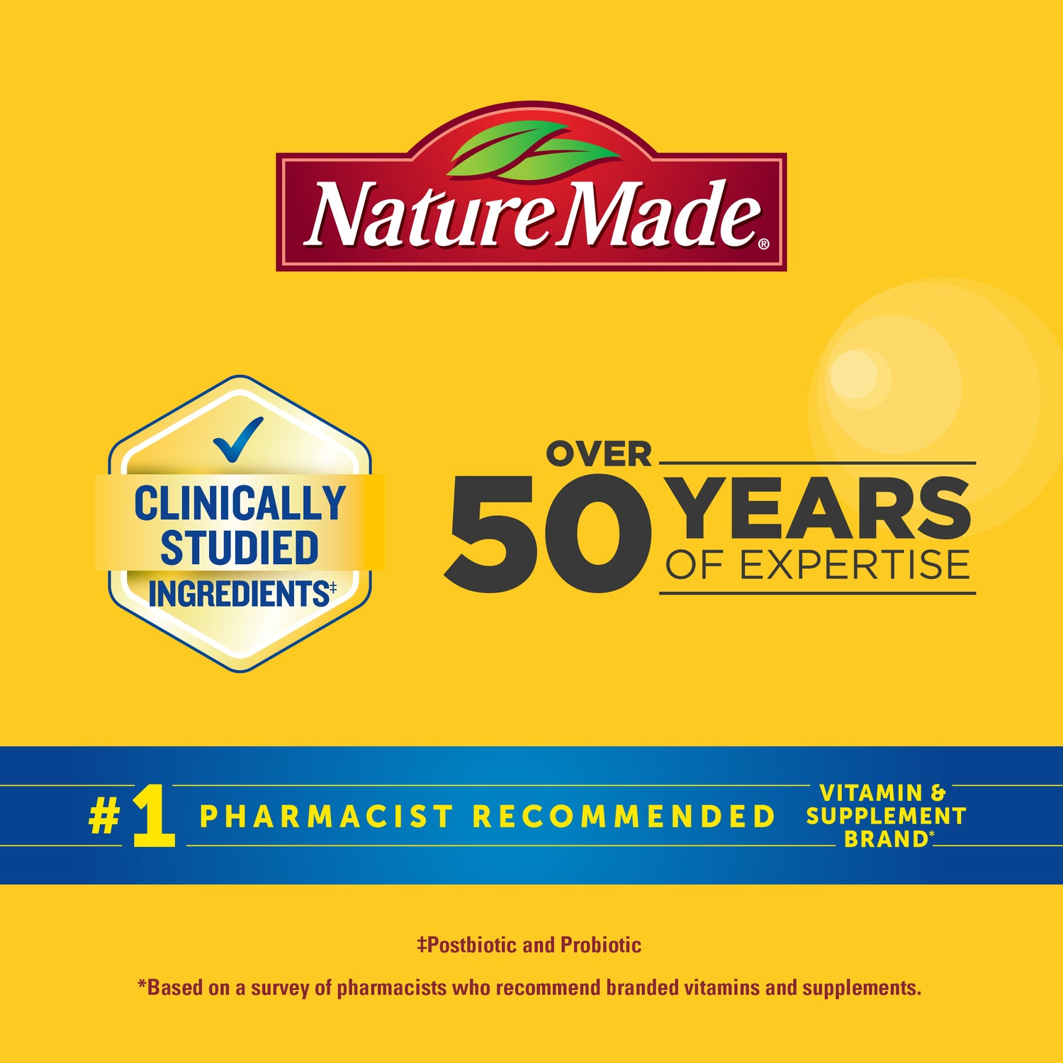 Triple-Action Biotic Gummies | Nature Made credentials showing clinically studied ingredients, over 50 years of expertise, and #1 pharmacist recommended brand.