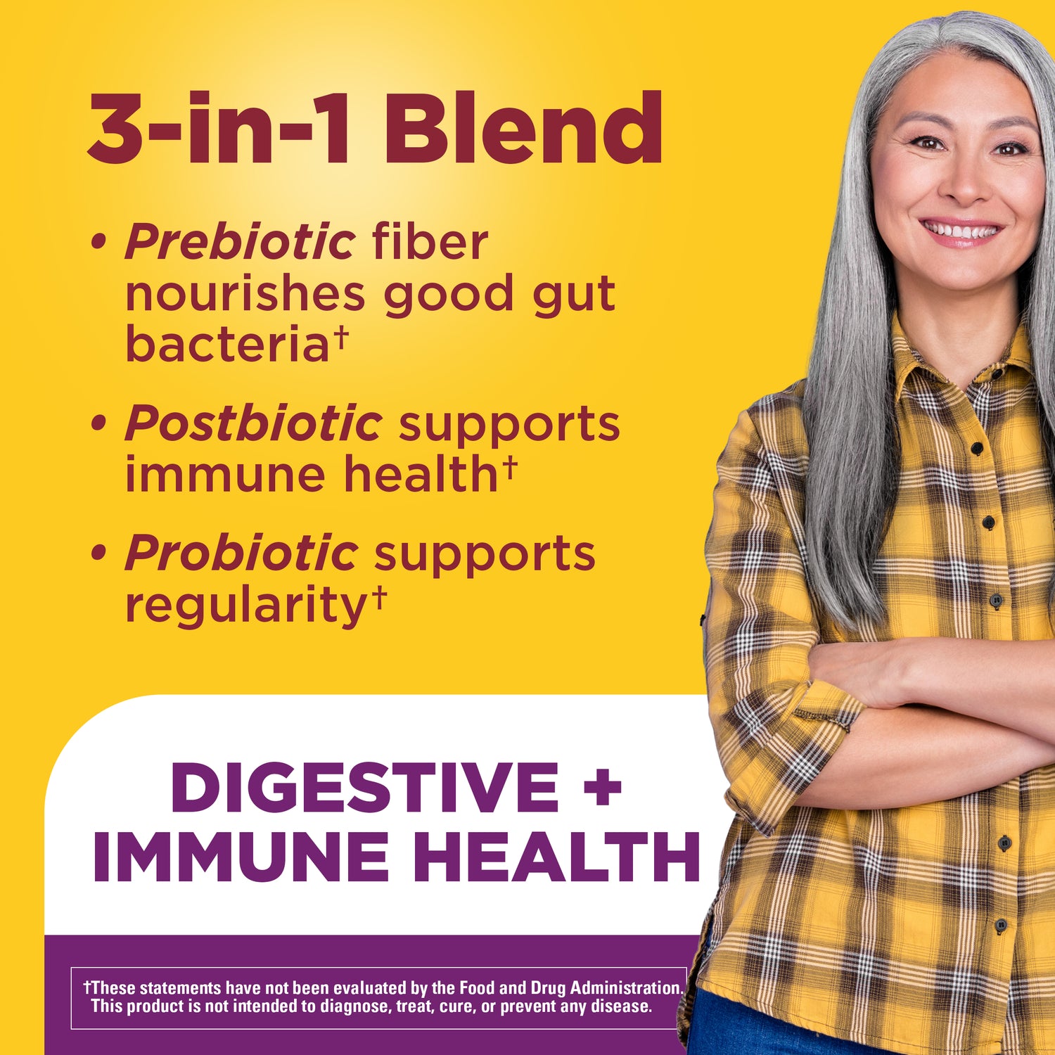 Triple-Action Biotic Gummies | Person wearing a yellow plaid shirt with triple action prebiotic, probiotic, and postbiotic blend supporting digestive and immune health.