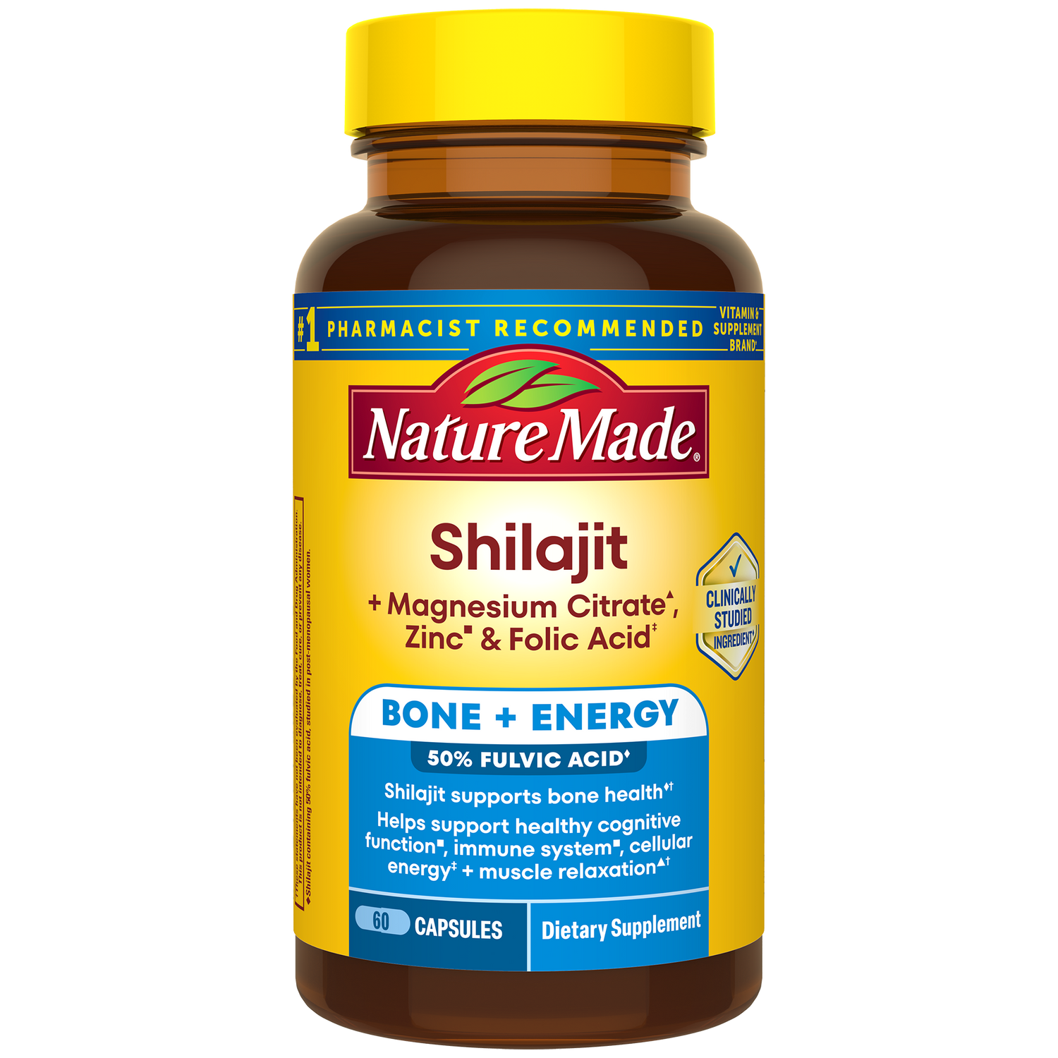 Shilajit + Magnesium Citrate, Zinc & Folic Acid Capsules | Nature Made Shilajit + Magnesium Citrate, Zinc & Folic Acid Capsules bottle for  Bone + Energy